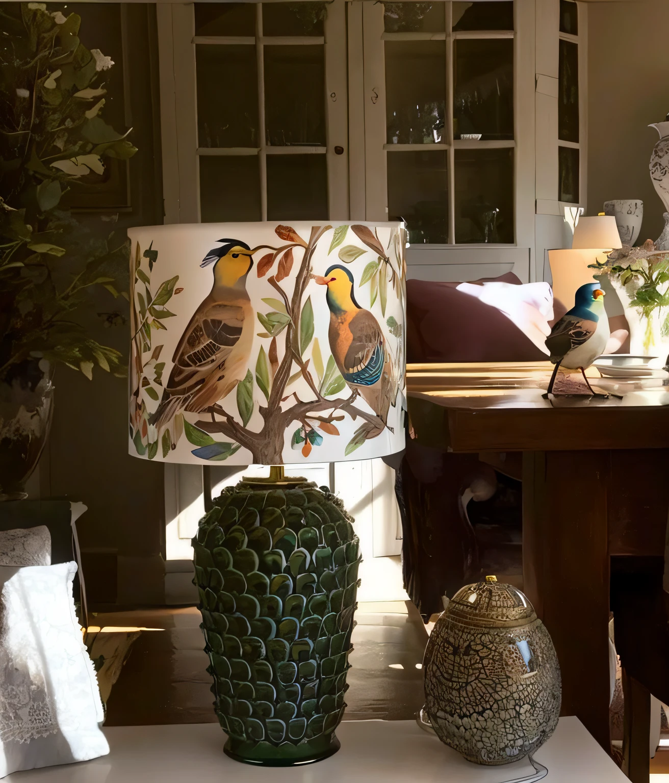 Il y a une table avec une lampe et un vase dessus, Emma Bridgewater et Paperchase, inspired by William Home Lizars, Stunning details, Evening lighting, Lampes, Accurate and detailed, incredibly high detailed, inspired by Jacques-Laurent Agasse, Stunning sunny lighting, Detailed environment, outstanding detail, Avian-inspired, Beautiful lit lamps, sun lighting, oiseaux au soleil