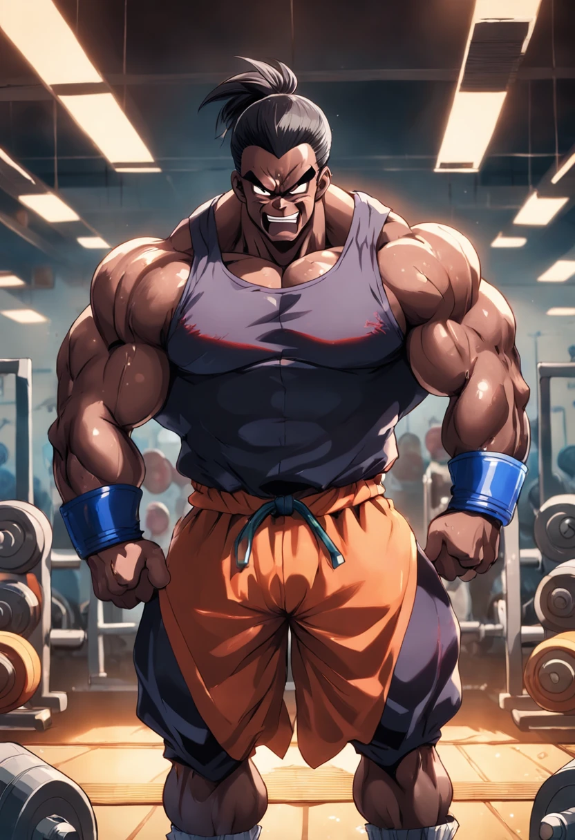 The Big Show as a bodybuilder with enormous muscles wearing a latex thong. Hyper muscles. (Thick muscular neck Huge pectorals, wide overgrown muscular shoulders, overgrown muscular traps, brutish masculine facial features. Hyper muscular physique, huge muscles, bulging muscles, full body, wide body, flexing muscles, roid bulging belly, beard, bald man.
