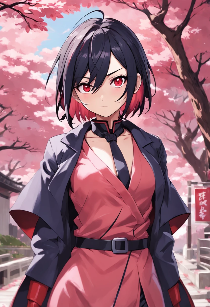 Um retrato intenso de sarada uchiha , atraente e confiante em sua postura. Ela veste um traje inspirado no estilo de "Persona 5", misturando elementos modernos e tradicionais. His gaze is direct and mesmerizing, able to hold the attention of those who see it. The surrounding setting is a traditional Japanese garden, repleto de Sakura em flor. The gentle breeze swings the petals of the trees, criando uma atmosfera serena. The atmosphere is one of tranquility and self-confidence. The stylization is an homage to the art style of "Persona 5", com cores ricas e vibrantes. The illustration will be done digitally, using detailed and realistic painting techniques to capture the texture of Sakura's petals and the details of naruto's ninja costume.