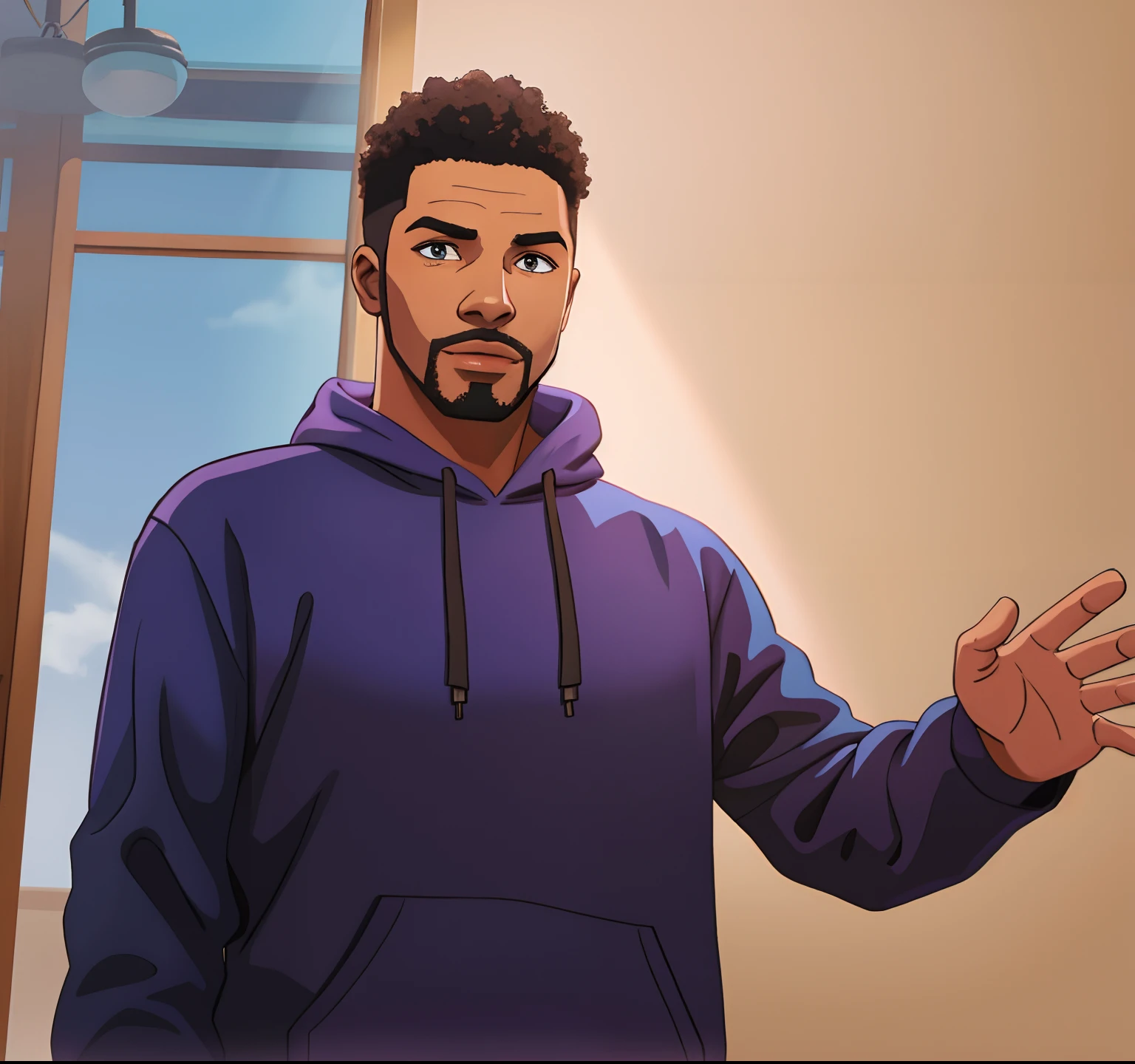 turn exactly this photo to cartoon style, black man with blue hoodie