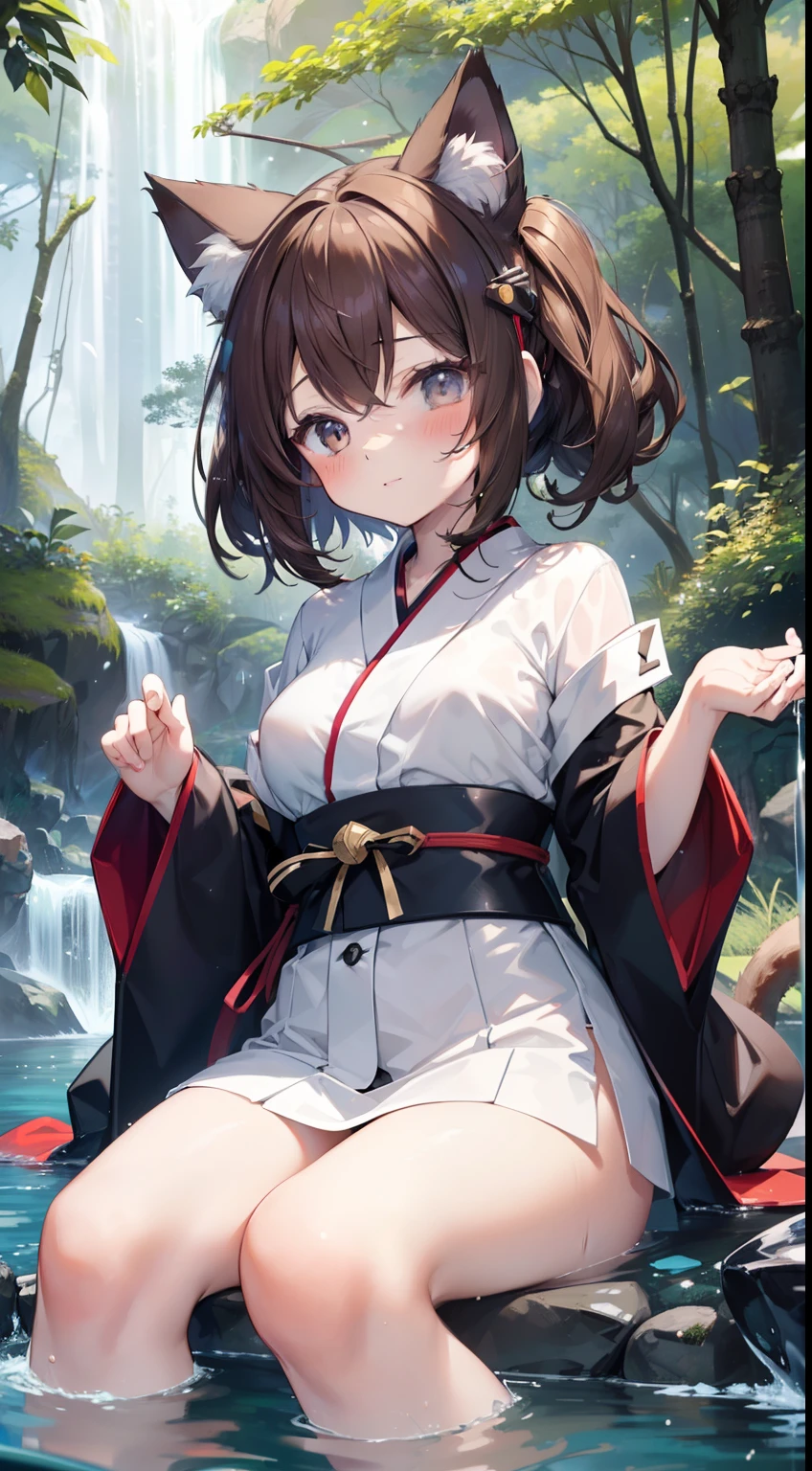 (Masterpiece, HDD, Ultra HDD|, 4k) Brown hair, too, -yeld caar Japanese girl, fully nude girl, a furry white tail, playing with Pokémon (Creatures) in a creek with crystal clear forest , girl with fanned hair, relaxed expression, blush