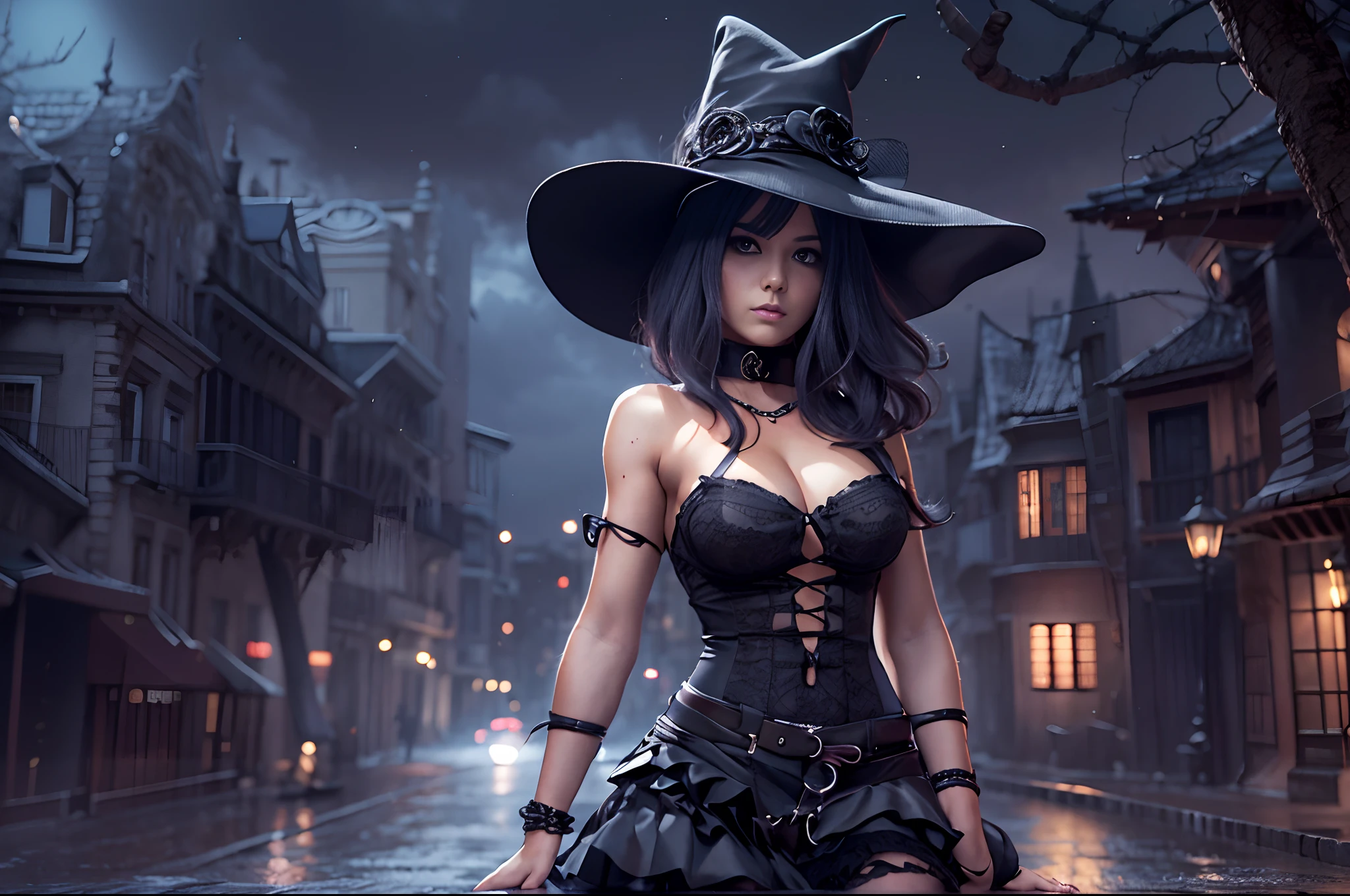 (obra maestra) (La mejor calidad) (Cara perfecta) en un bonito estilo anime. Una joven divertida y aterradoramente linda disfrazada de bruja en Halloween. Lleva un sombrero largo y una escoba vieja, a black harness and a frilly skirt. Ella se para en una calle por la noche con una burla, evil expression. La calle es oscura pero hay luces ornamentales que dan un aspecto siniestro y aterrador al lugar.. A little purple. Motor irreal. Luis Royo Style. Arte 3D ((pechos grandes)) (cuerpo fitness)