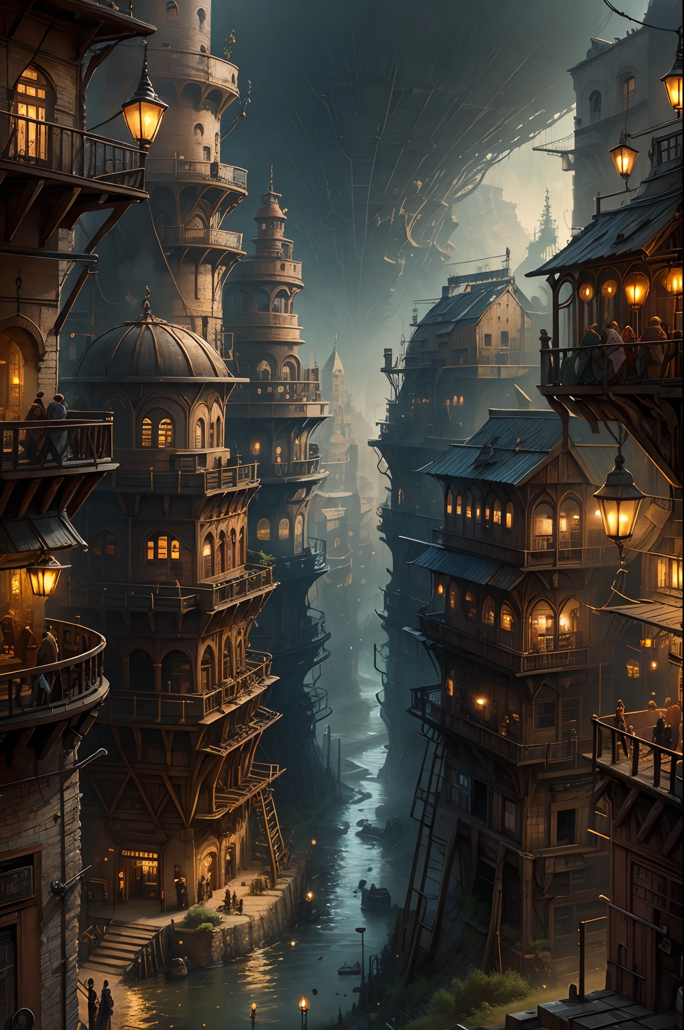 Industrial age city, deep valley in the middle, building streets, bazaars, bridges, rainy days, steampunk, European architecture