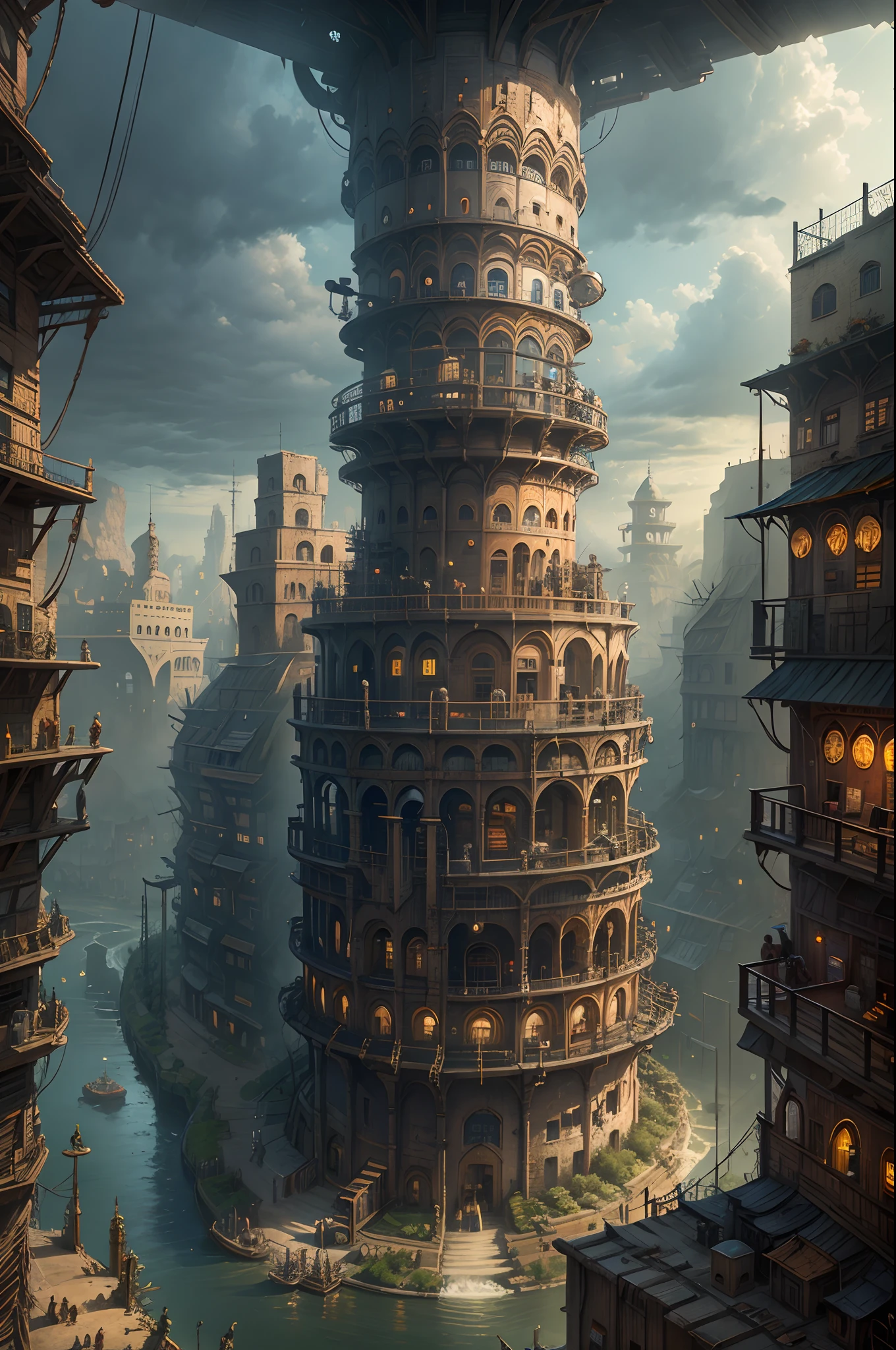 Industrial age city, deep valley in the middle, building streets, bazaars, bridges, rainy days, steampunk, European architecture