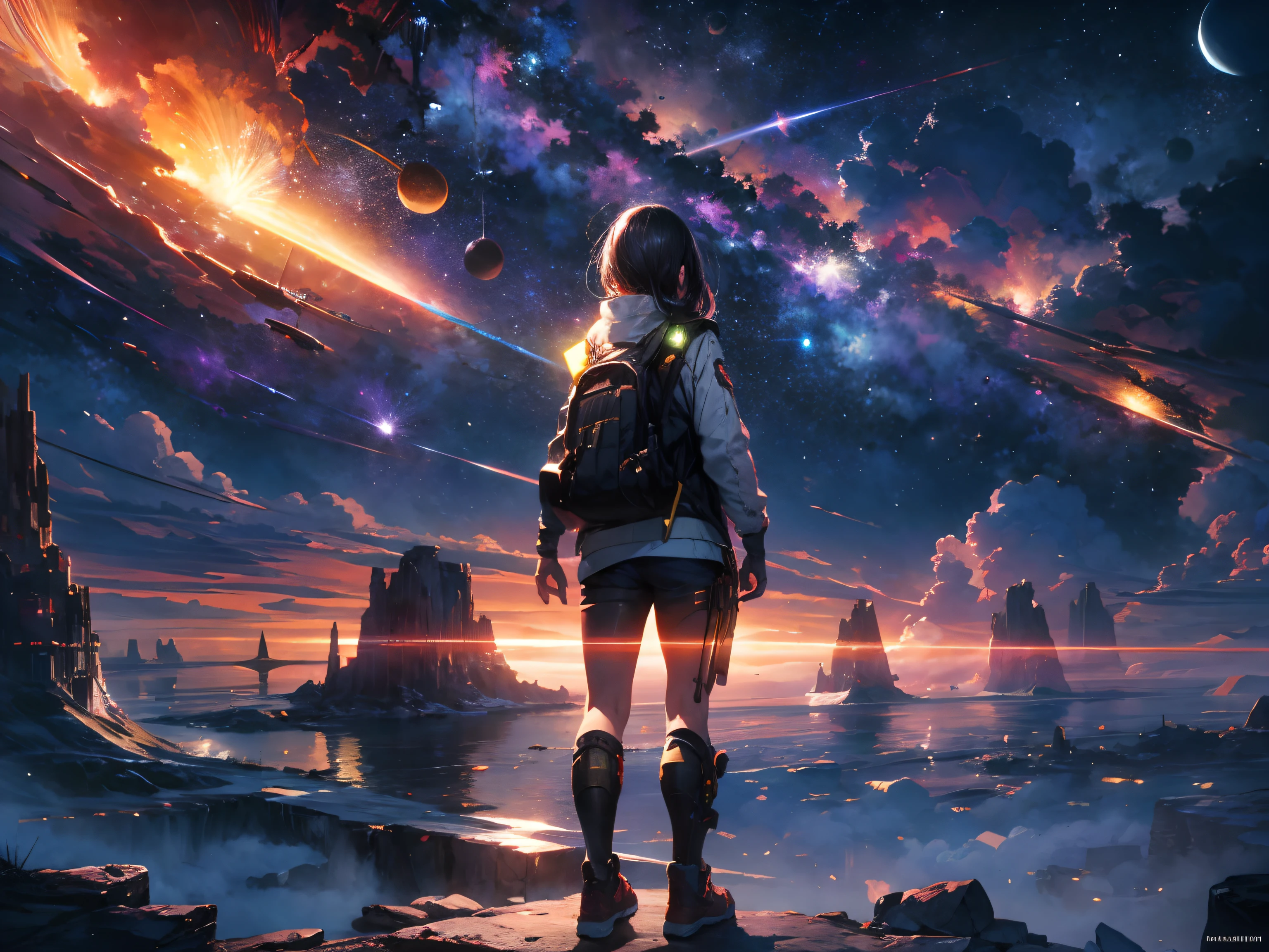 Draw a young female programmer, standing on a research platform floating in the middle of an asteroid belt, turn her back on viewers , from behind,surrounded by several spaceships glowing with fiery auras BREAK Dramatic lighting from distant stars and planets illuminates the scene, casting deep shadows on the suit, looking at the vast and mysterious universe with wonder and respect,BREAK,Detailed,Realistic,4k highly detailed digital art,octane render, bioluminescent, BREAK 8K resolution concept art, realism,by Mappa studios,masterpiece,best quality,official art,illustration,ligne claire,(cool_color),perfect composition,absurdres, fantasy,focused,rule of thirds
