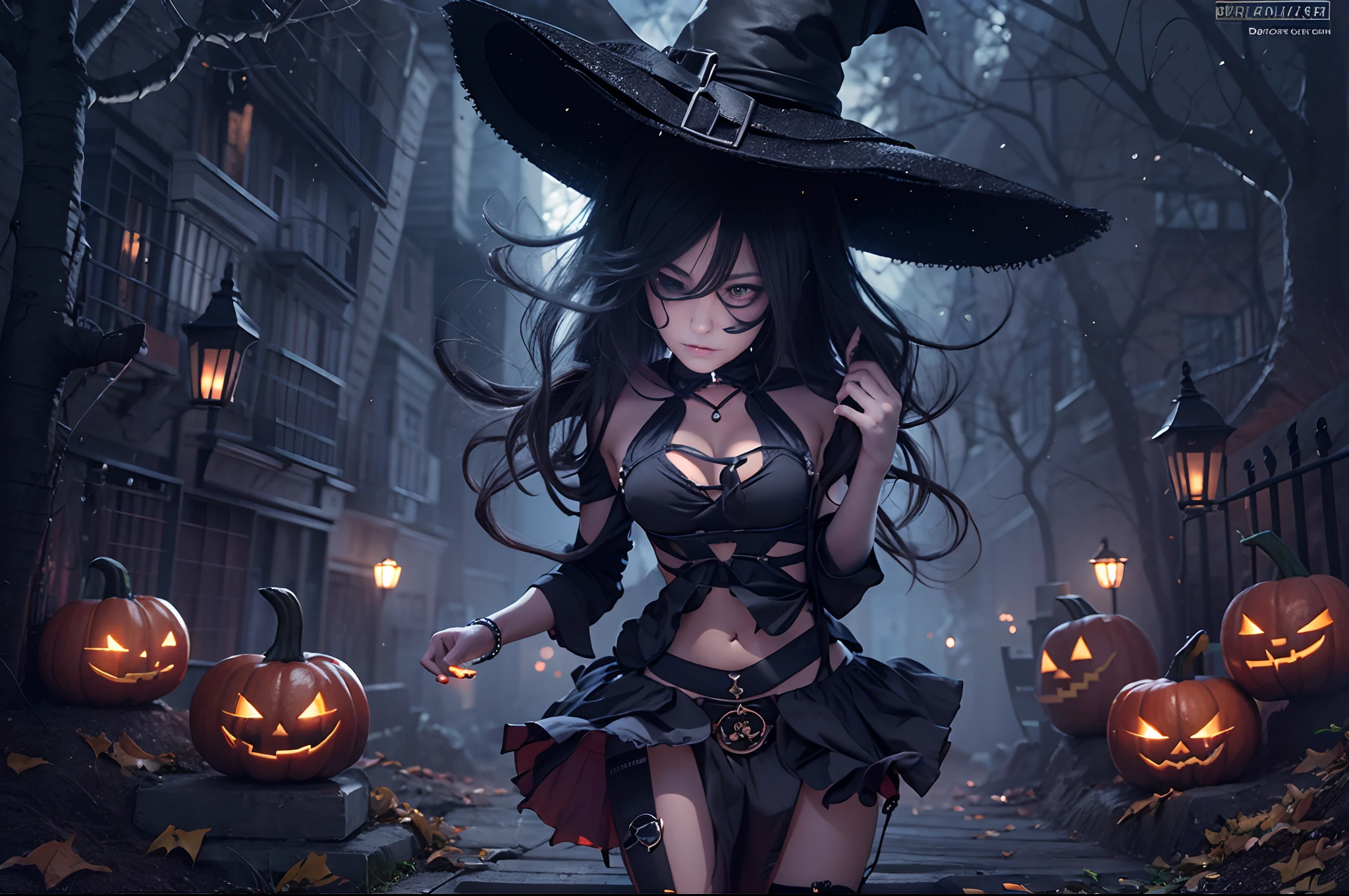 (obra maestra) (La mejor calidad) (Cara perfecta) en un bonito estilo anime. Una joven divertida y aterradoramente linda disfrazada de bruja en Halloween. Lleva un sombrero largo y una escoba vieja, a black harness and a frilly skirt. Ella se para en una calle por la noche con una burla, evil expression. La calle es oscura pero hay luces ornamentales que dan un aspecto siniestro y aterrador al lugar.. A little purple. Motor irreal. Luis Royo Style. Arte 3D ((pechos grandes)) (cuerpo fitness)