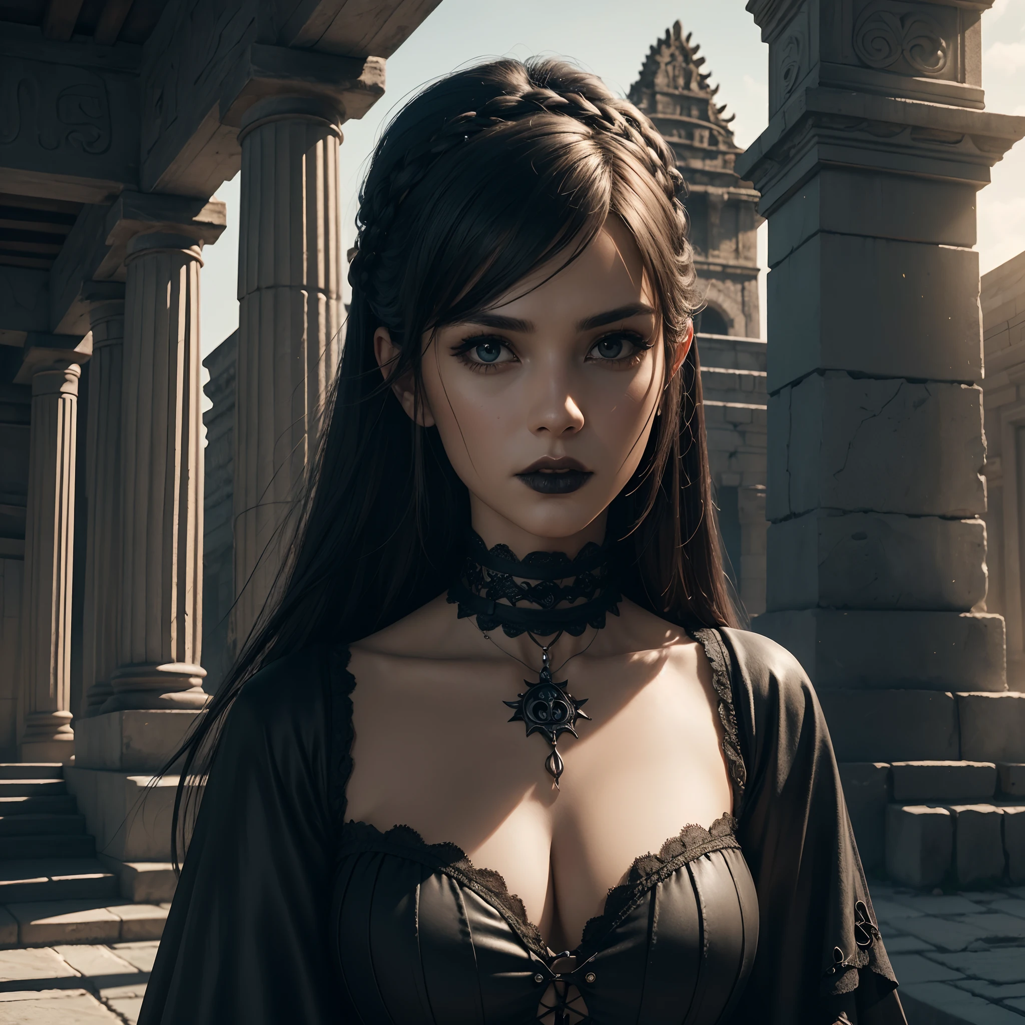 modelshoot style, (extremely detailed CG unity 8k wallpaper), (medium shot photo:1.2) of the most beautiful artwork in the world featuring a (gothic woman:1.2) infront Inca temple, clear facial features, (cinematic action scene:1.2), accent lighting, global illumination, High Detail, Sharp focus, dramatic, photorealistic painting by J Frias