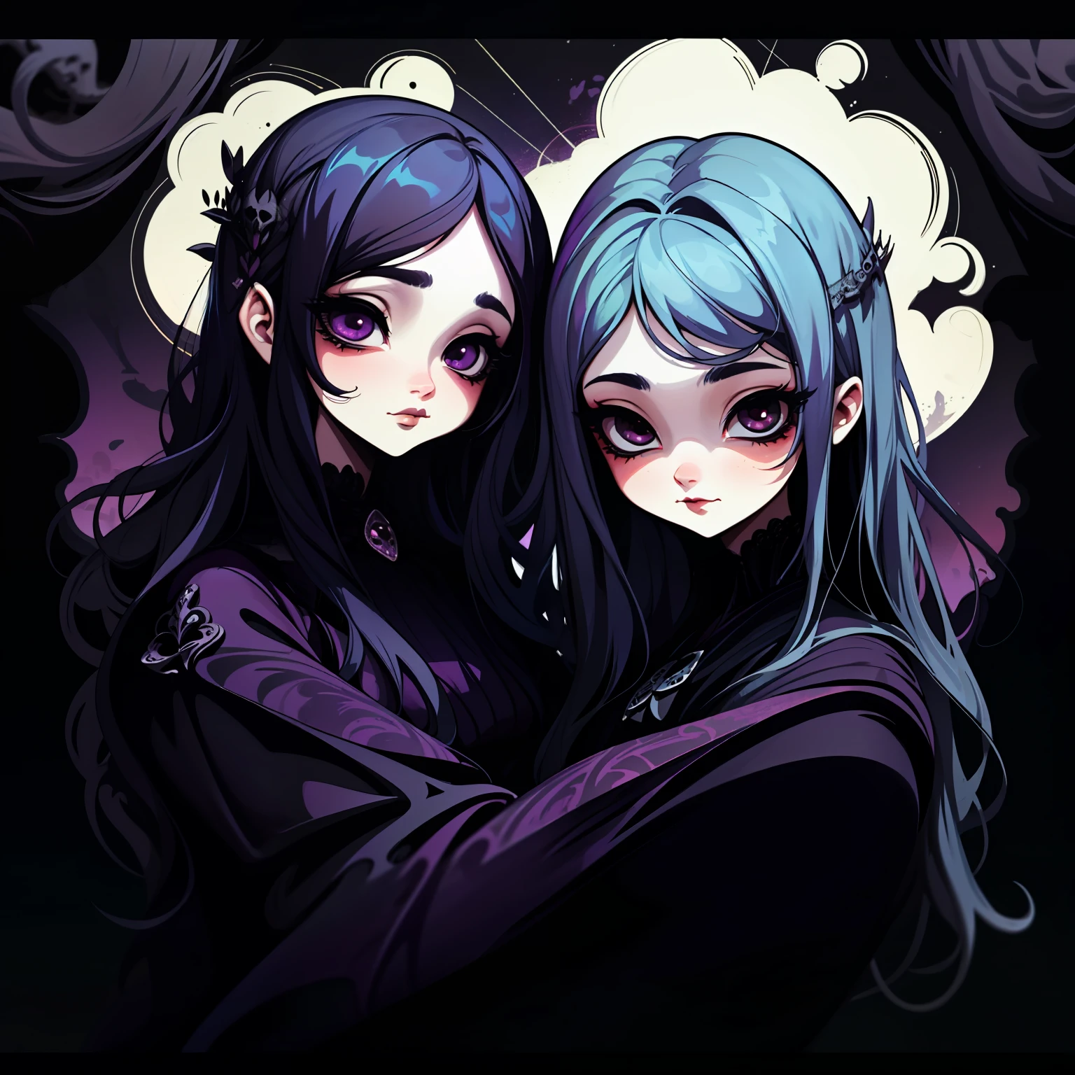 adesivo, fundo simples, retrato, 2 girls, couple, girl with long hair, girl smilling, gothic aesthetics, beautiful gothic girl, very beautiful fantasy art, beautiful and elegant female gothic, beautiful detailed fantasy, purple and black color palate, purple color-theme