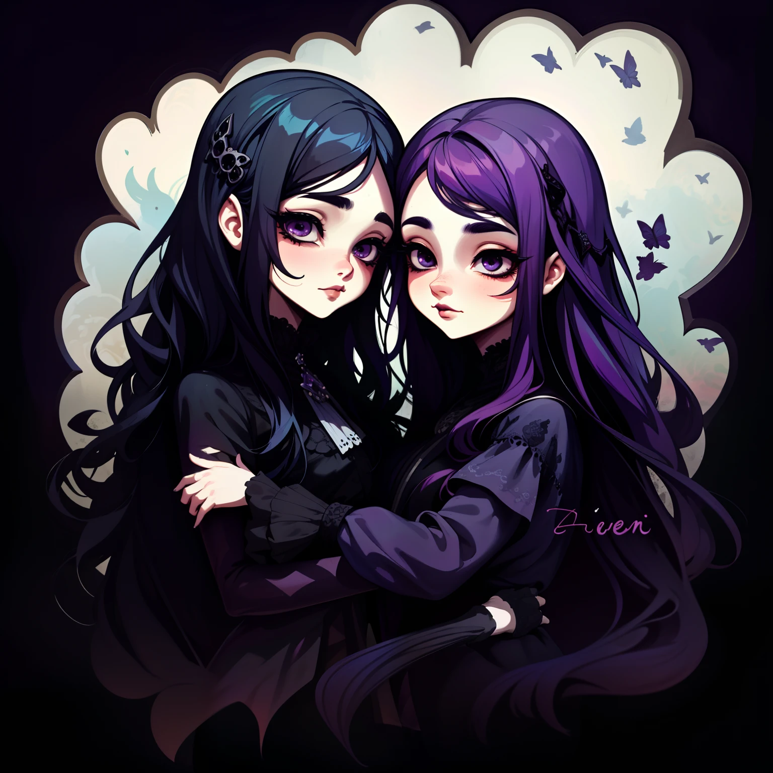 adesivo, fundo simples, portrait, 2 girls, couple, girl with long hair, beautiful gothic girl, gothic aesthetic, beautiful girl, very beautiful fantasy art, beautiful and elegant female gothic, beautiful detailed fantasy, black and purple color palate, black color-theme