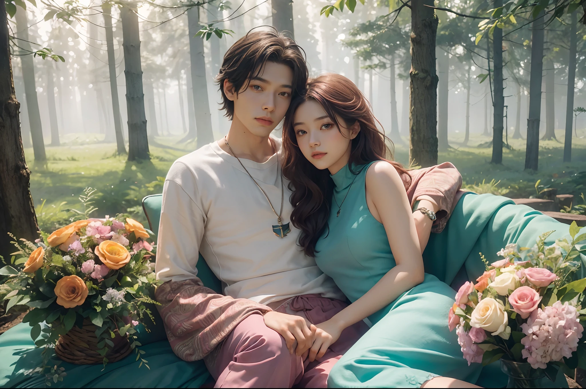 Young woman and young man leaning to each other like a Piscis sign, merging with flowers and leaves, swirl of colours, palette of forest green, tart orange, russet, burgundy, taupe, cerulean, Nadeshiko pink, aqua. Foggy forest. Illuminated by natural sunlight. Photorealistic.
