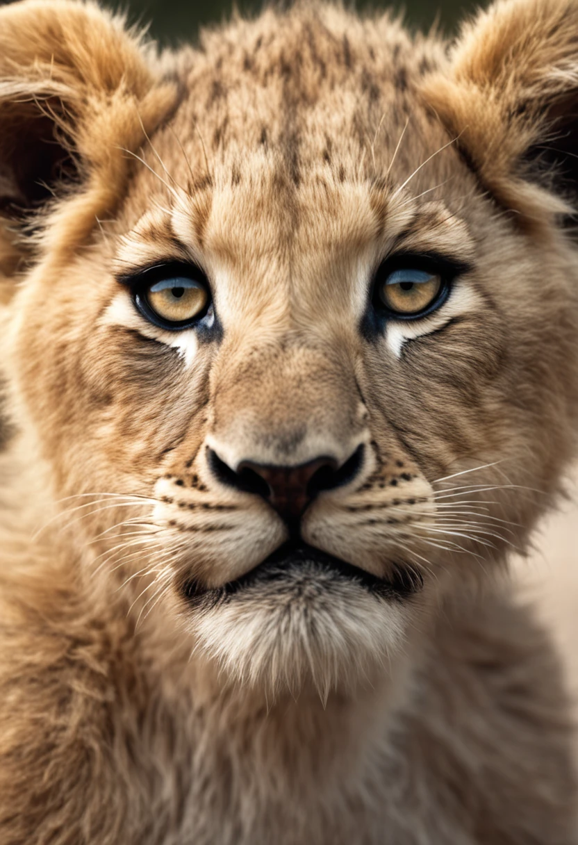 "'Slender elegant lioness with short hair and big almond-shaped eyes with cute funny lion cubs on a white background'"