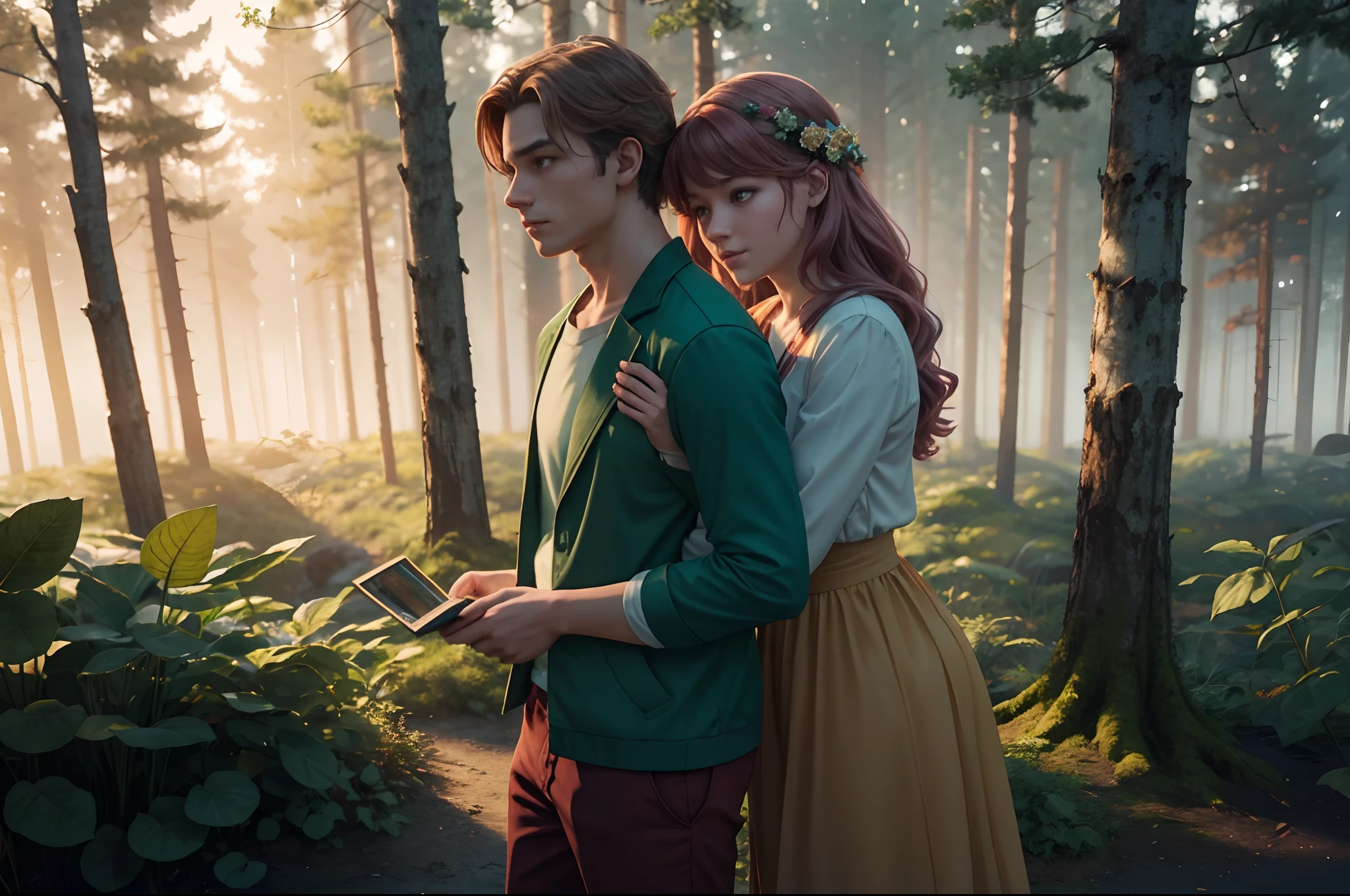 Young woman and young man leaning to each other like a Piscis sign, merging with flowers and leaves, swirl of colours, palette of forest green, tart orange, russet, burgundy, taupe, cerulean, Nadeshiko pink, aqua. Foggy forest. Illuminated by natural sunlight. Digital art, 3d, realistic raytraicing of clothes, cinematic light, industral lights