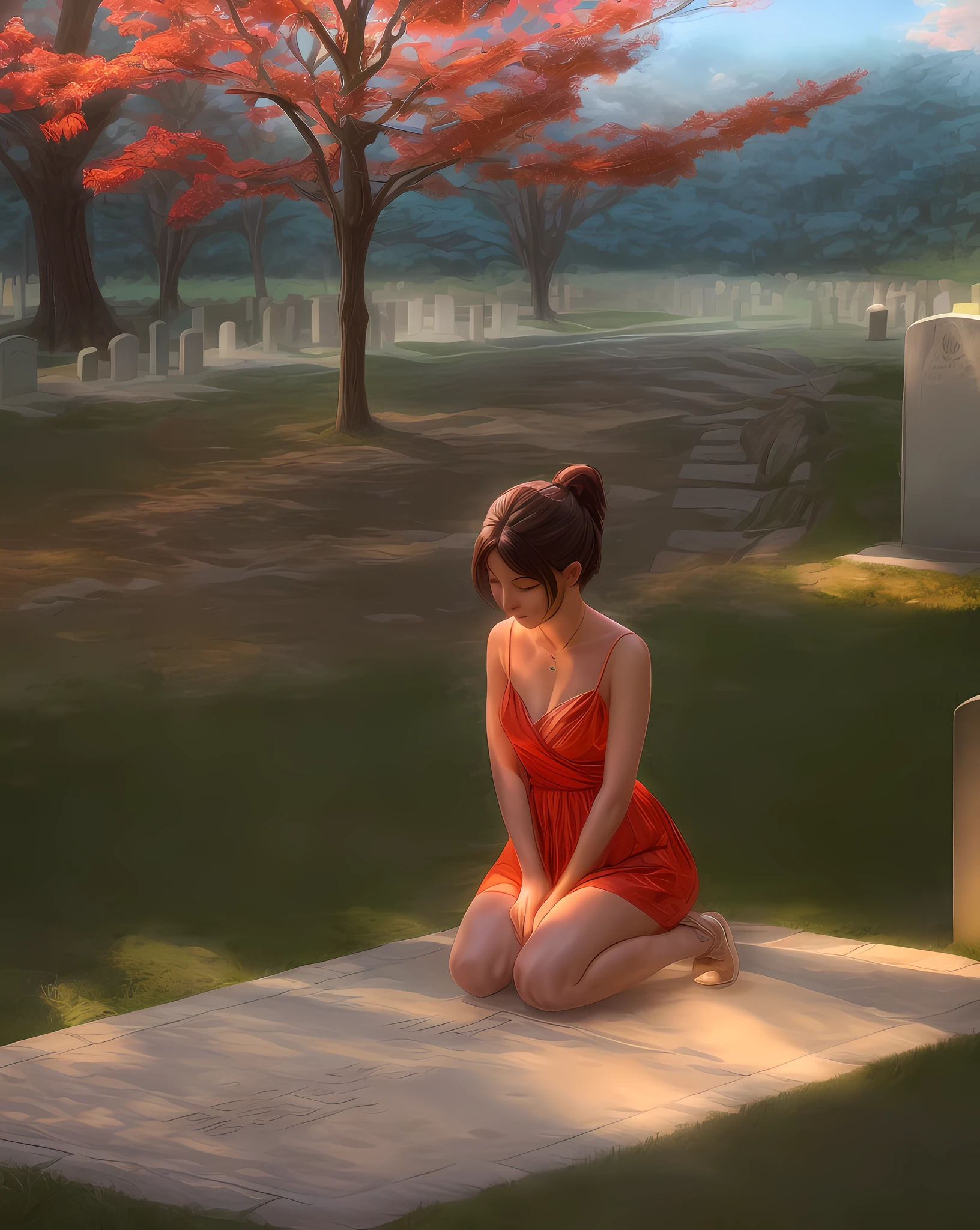 there is a woman wearing long dress sitting in a cemetery, beautiful lonely girl, sorrow, analog film, by makoto shinkai and atey ghailan