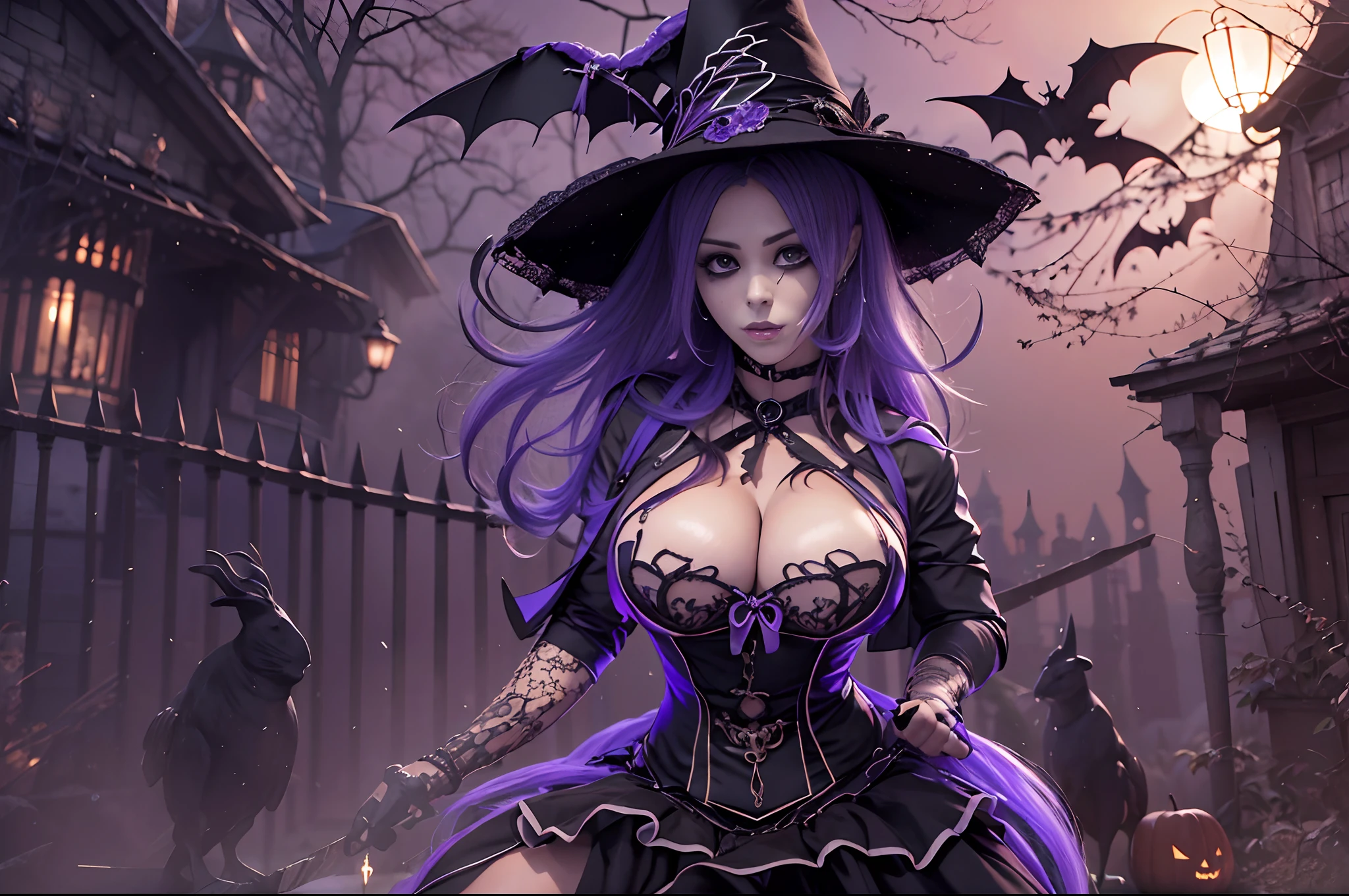 (obra maestra) (La mejor calidad) (Cara perfecta) en un bonito estilo anime. Una joven divertida y aterradoramente linda disfrazada de bruja en Halloween. Lleva un sombrero largo y una escoba vieja, a black harness and a frilly skirt. Ella se para en una calle por la noche con una burla, evil expression. La calle es oscura pero hay luces ornamentales que dan un aspecto siniestro y aterrador al lugar.. A little purple. Motor irreal. Luis Royo Style. Arte 3D ((pechos grandes)) (cuerpo fitness)