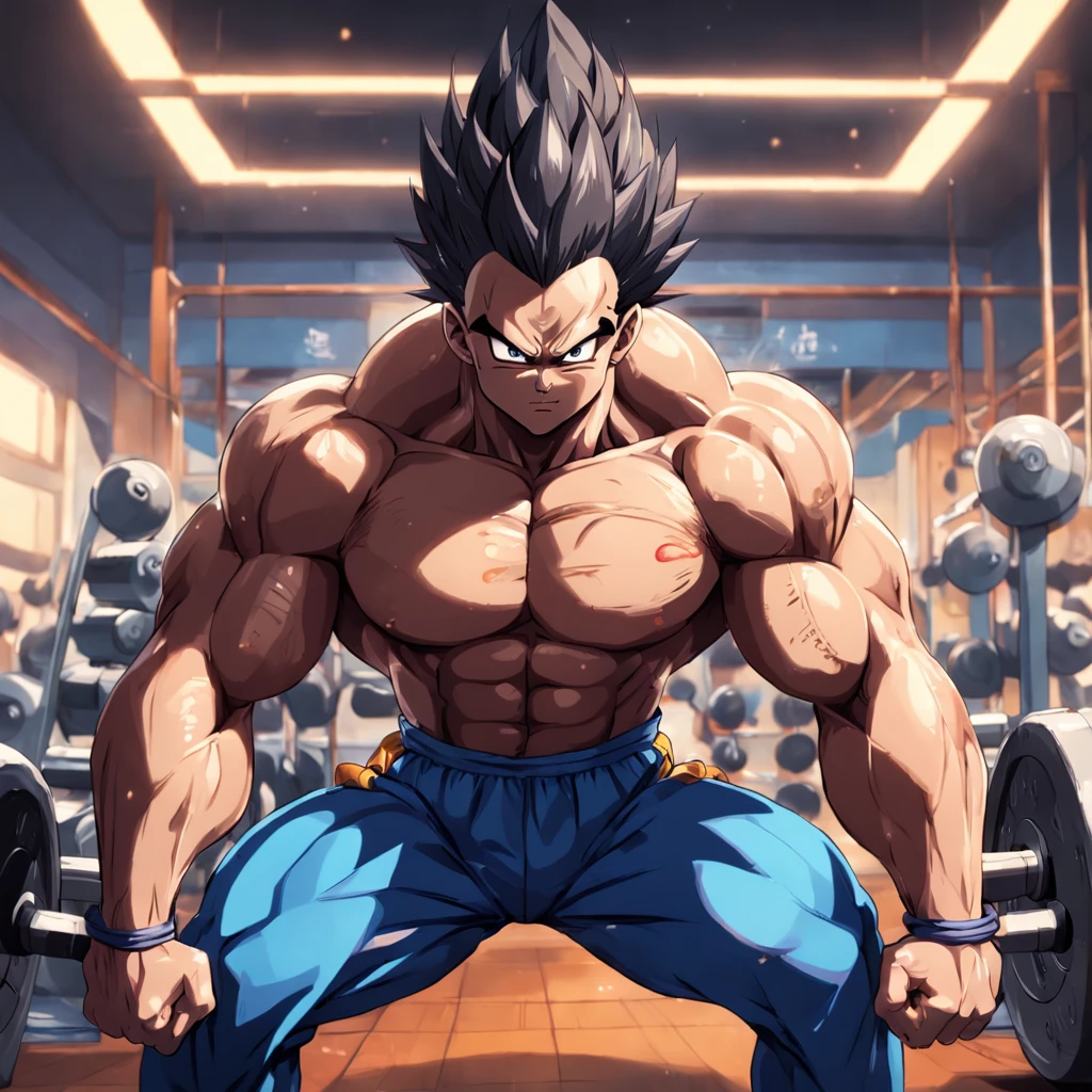 a detailed illustration Mr... Popo, Dragon ball z, in gym clothes training intensely in a bodybuilding gym, corpo inteiro