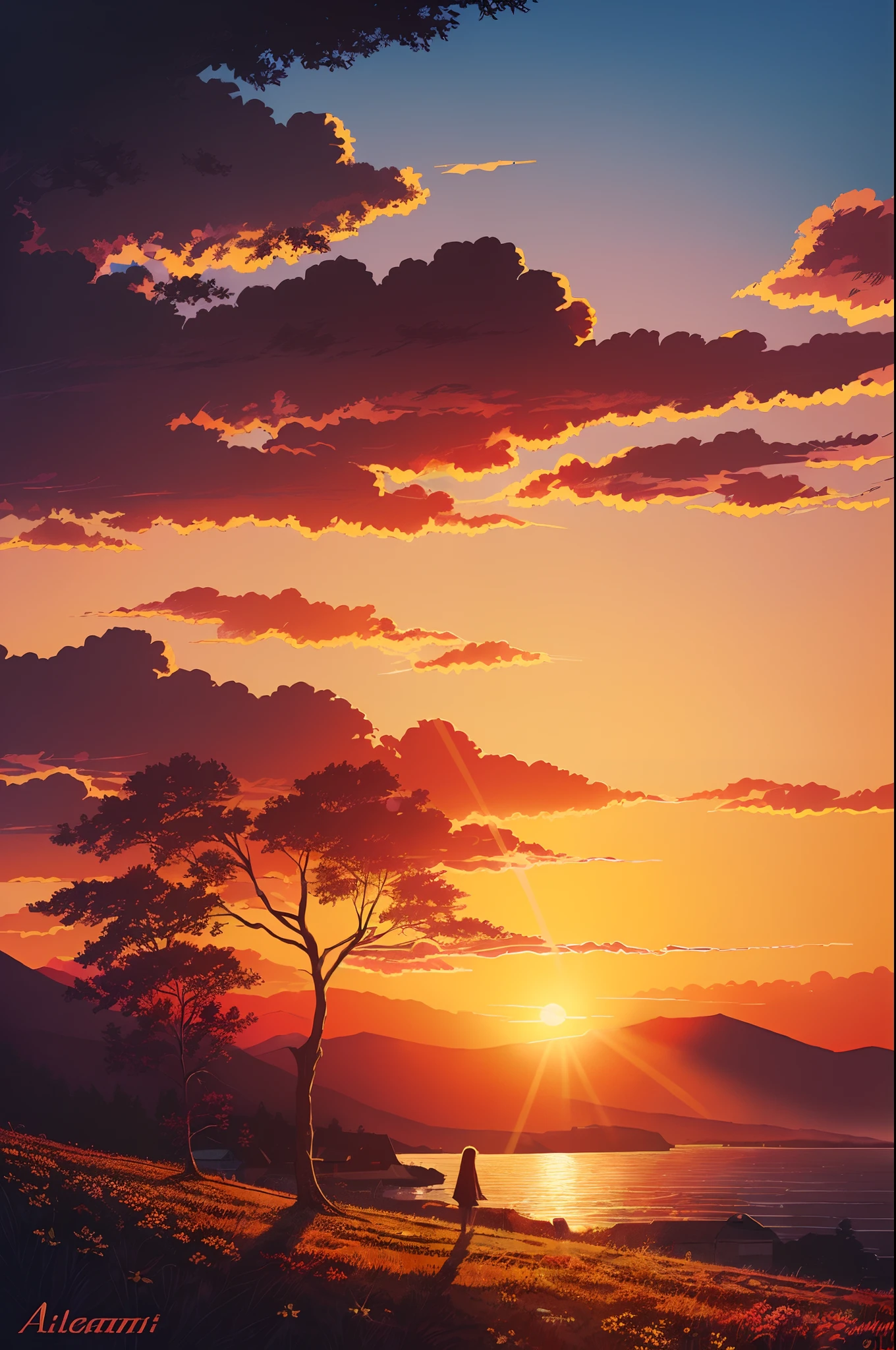((beste-Qualit)), ((tmasterpiece)), ((Realistic)), Sun at sunset, Wanderer in the rays of sunset, Extremely detailed, Illustration by Alena_Aenami, —AR 2:3 —q 4 —s 750