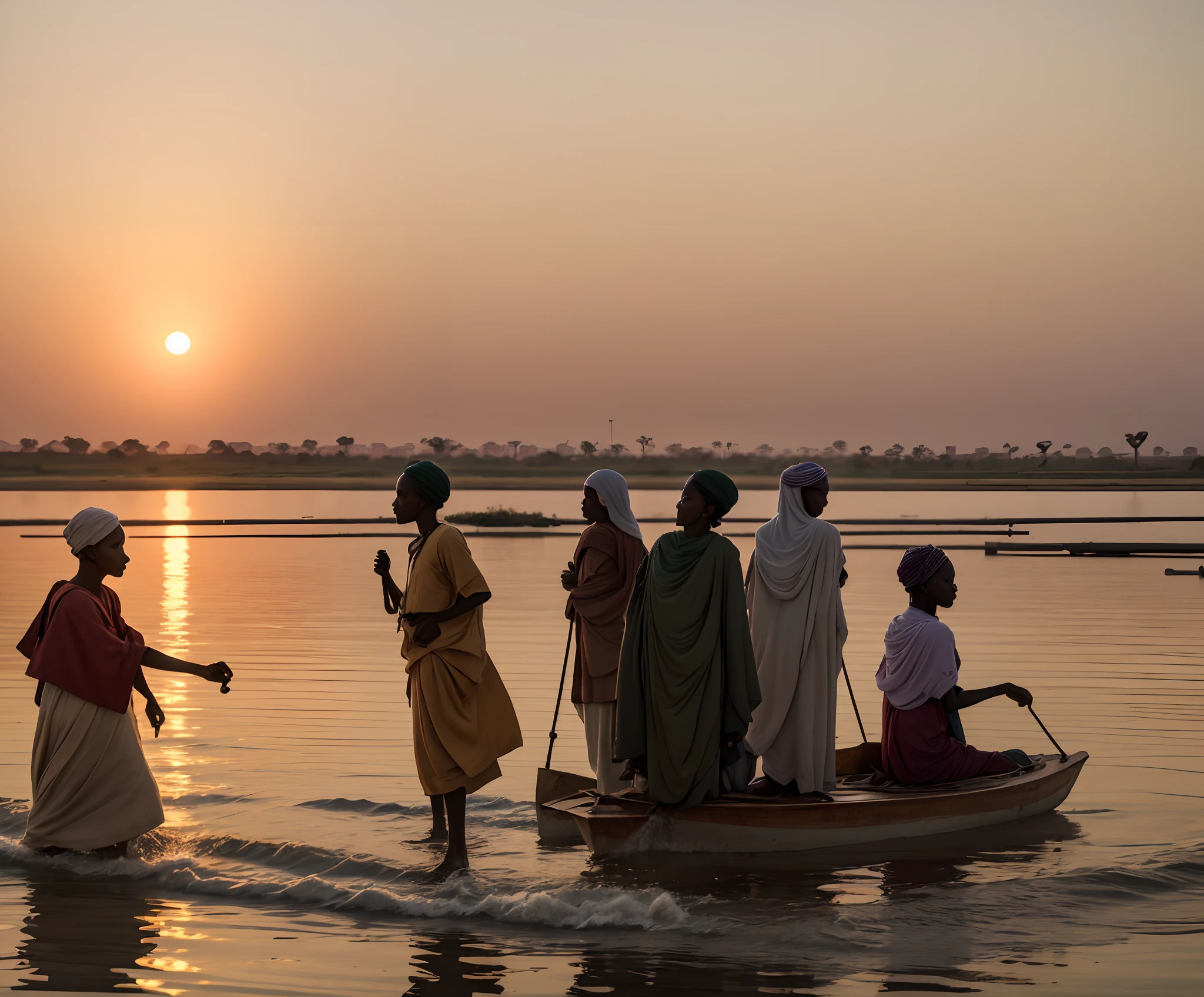 Sudanese people are enjoying the breeze a long river Nile front shire at sunset, 8k, cinematic footage, 70 mm Camera, zoomin --auto --s2
