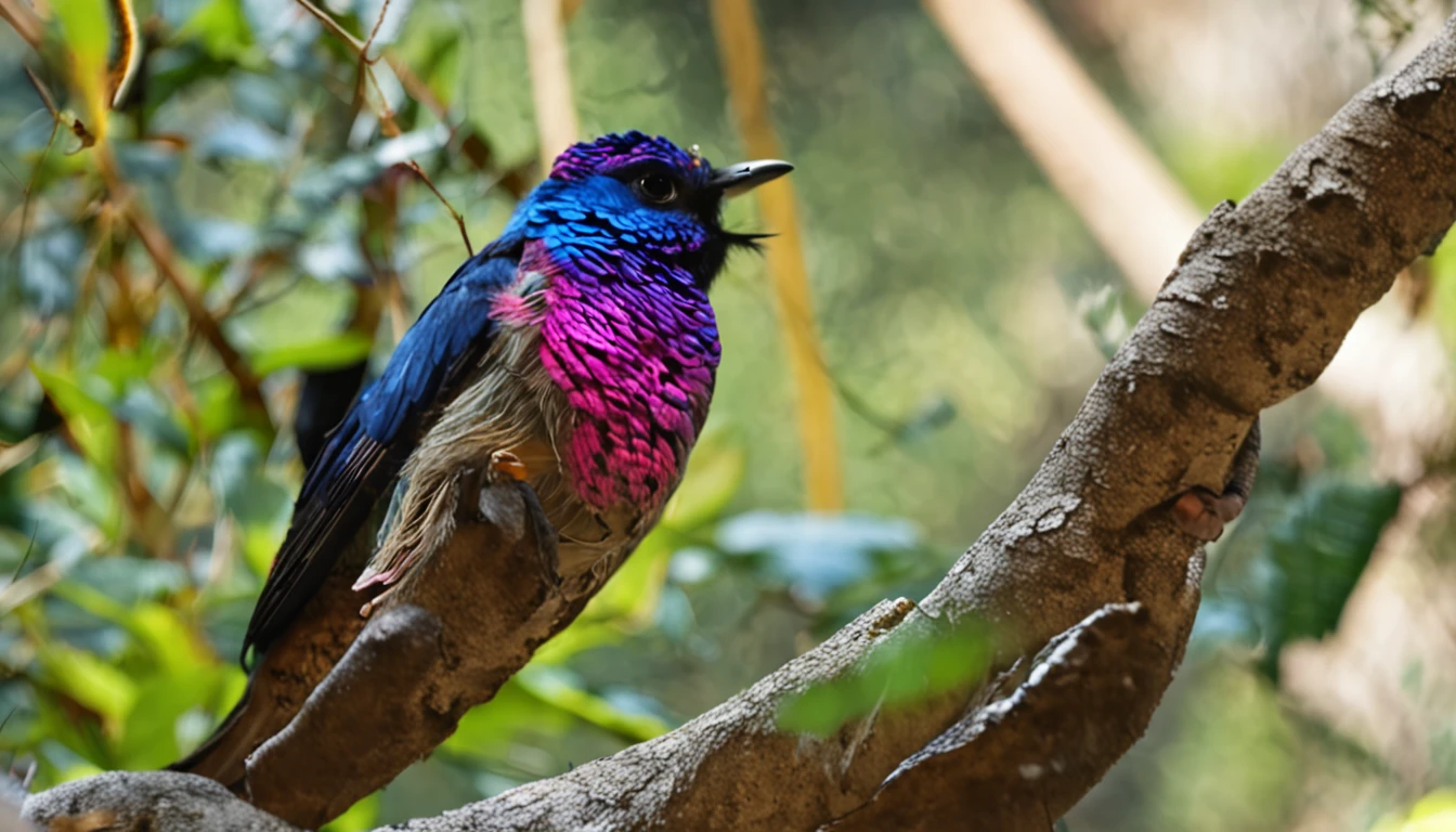 Em uma linda pequena vila,There is a magical forest,arvoredo,campos gramados,pequeno lago,o gatinho curioso, gatinho fofo, A phoenix-like bird, uma ave linda, an exotic bird with brilliance, plumas multicoloridas, o encontro dos amigos (Gato curioso) e (magic bird), desenho