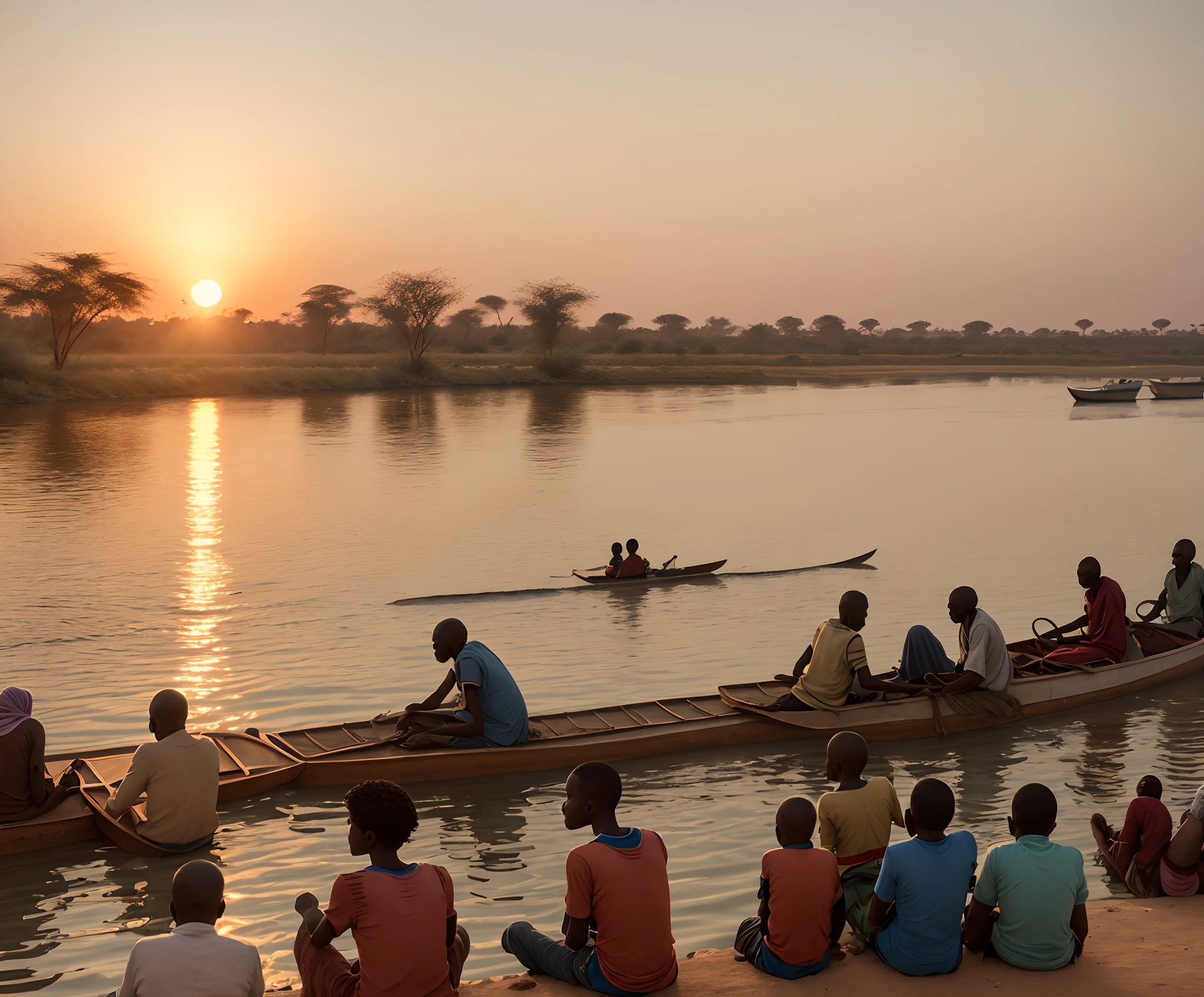 Sudanese people are enjoying the breeze a long river Nile front shire at sunset, 8k, cinematic footage,  70 mm Camera, zoomin --auto --s2