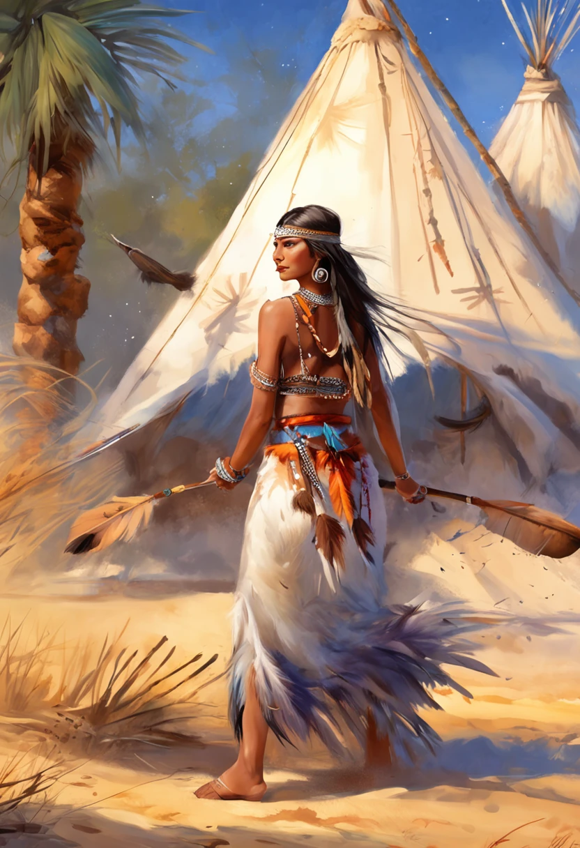 ultra detailed artistic photography, Native American beautiful Apache female, tee pee, moonlight, fire pit, feathers, sexy, dreamy, glowing, backlit, shadows, oil on canvas, smooth, ultra high definition, 8k, ultra sharp focus, intricate artwork masterpiece, flowy outfit, highly detailed, vibrant, production cinematic character render, ultra high quality model