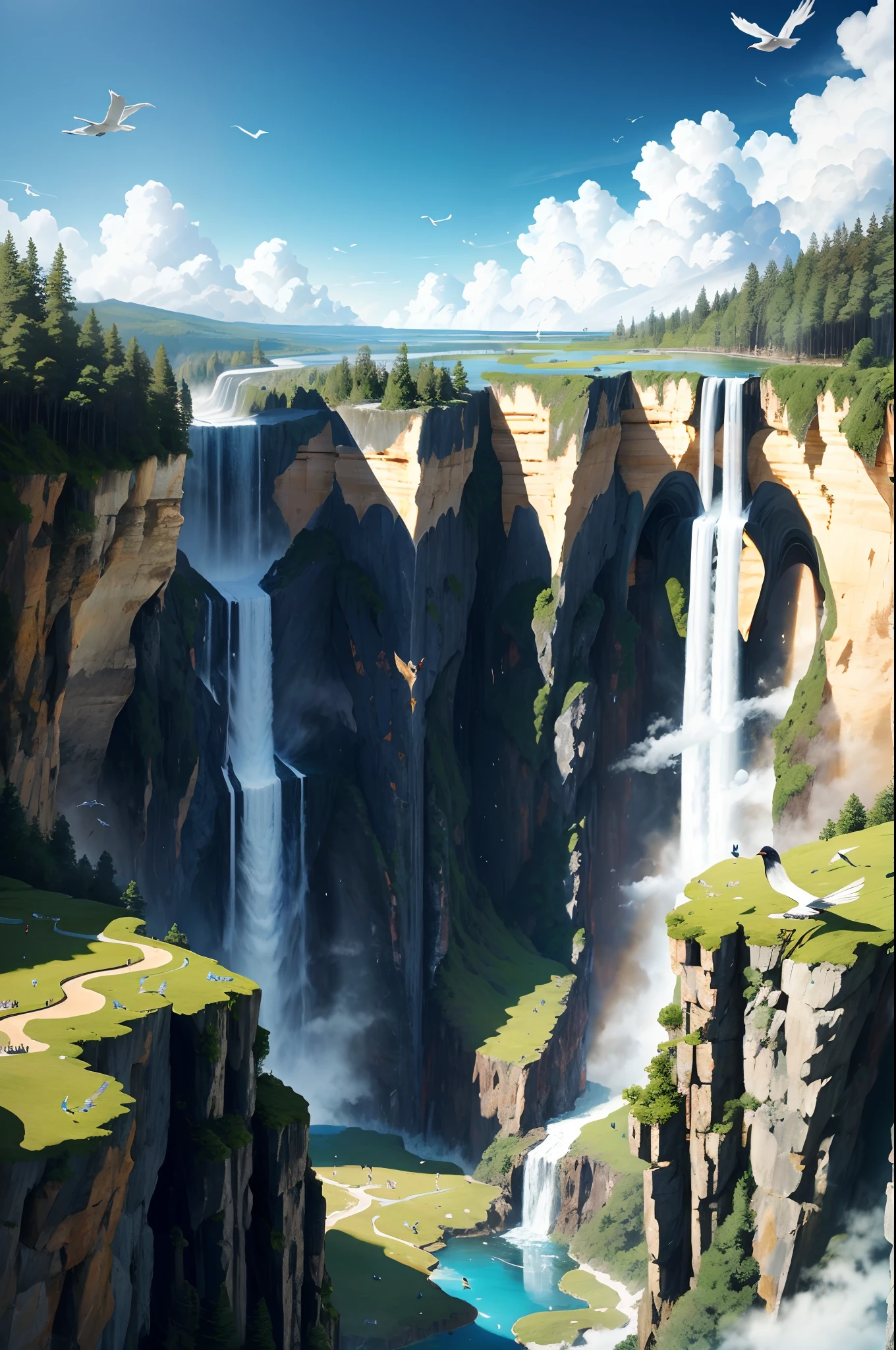 Flying on the cliff, above the very high waterfall, look down on the fluctuating pond, high sunlight, blue sky, white cloud, birds, forest, trees, 8K, masterpiece, best quality, high resolution, extremely full detailed