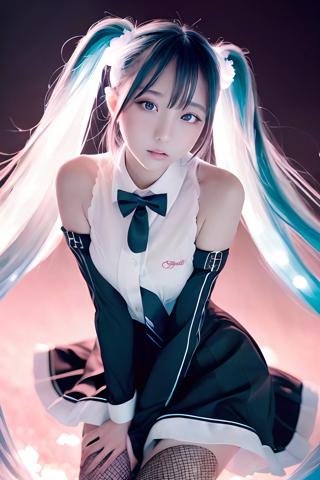 winc、Close one eye、miku hatsune、Official art, ​masterpiece, Sharp Focus, (Beautiful gorgeous cute korean woman:1.3), (Beautiful cute korean woman:1.3), Korean  beauty, Delicate Beautiful Hair and Eyes and Face, realisitic, ultra-detailliert, a beauty girl, blue-sky, Glow white particles, (side lights:1.2), rays of sunshine, white clouds, Fine clouds, A slender, 1girl in, Dynamic Angle,Full body,   100-layers,masutepiece,supreme,best,amazinig,great,detail,Stylish,Illustration,action SHOT, aiming at viewer, hands on pockets, School uniform, Blunt bangs, Hairpin, Shy,superfine illustration,(((beautiful fine hair))),(((Beautiful Fine Face))),(((Beautiful fine background))),