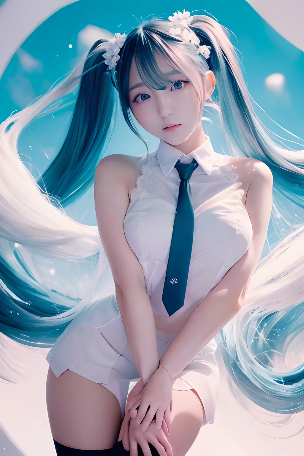 winc、Close one eye、miku hatsune、Official art, masterpiece, Sharp Focus, (Beautiful gorgeous cute korean woman:1.3), (Beautiful cute korean woman:1.3), Korean beauty, Delicate Beautiful Hair and Eyes and Face, realisitic, ultra-detailliert, a beauty girl, blue-sky, Glow white particles, (side lights:1.2), rays of sunshine, white clouds, Fine clouds, A slender, 1girl in, Dynamic Angle,Full body, 100-layers,masutepiece,supreme,best,amazinig,great,detail,Stylish,Illustration,action SHOT, aiming at viewer, Finger gun, hands on pockets, School uniform, Blunt bangs, Hairpin, Shy,superfine illustration,(((beautiful fine hair))),(((Beautiful Fine Face))),(((Beautiful fine background))),