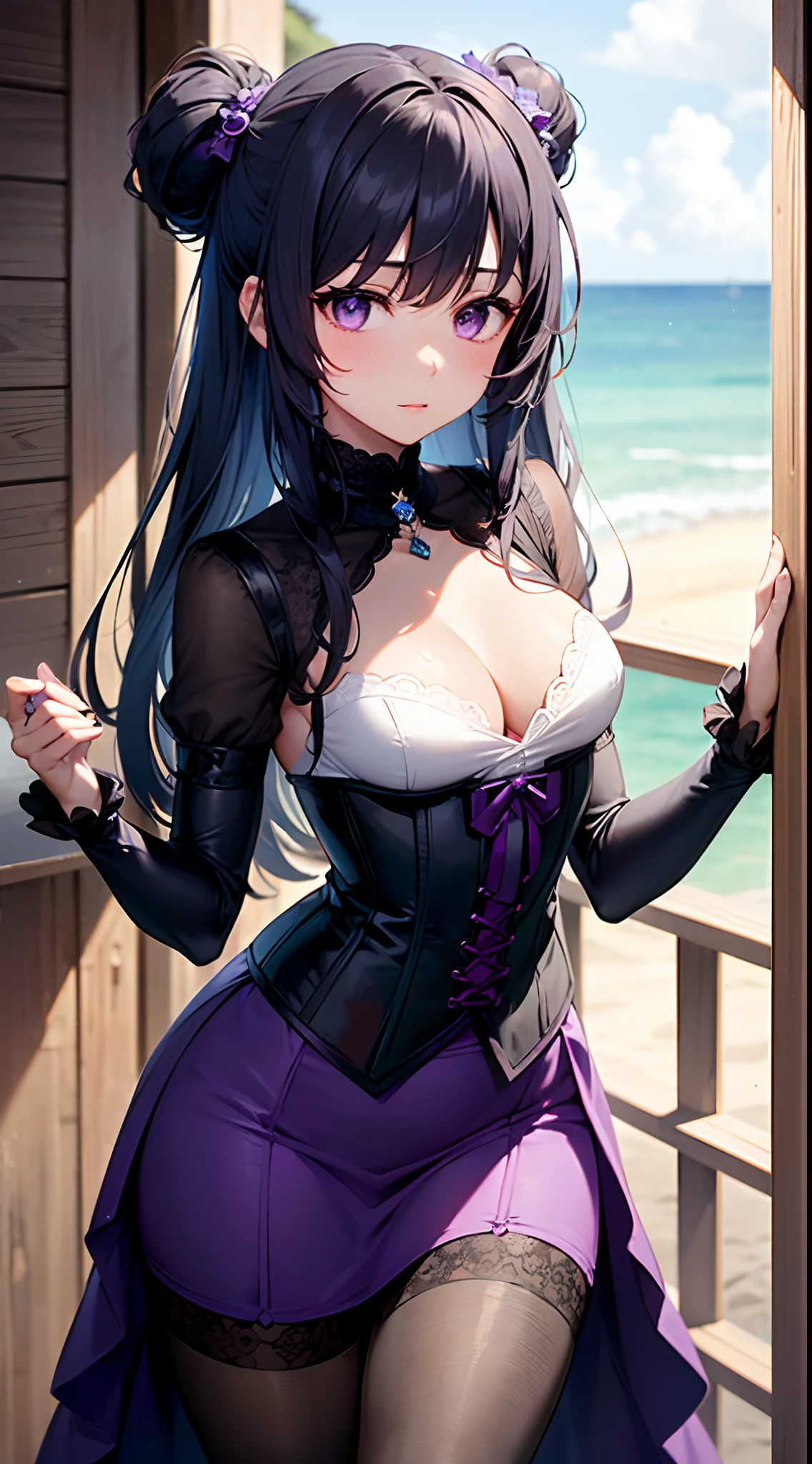 One female, cute. Small chest size. Shy. Long flowy black and hair with purple shite; Cute bangs. Striking purple eyes. Shy. She wears an outfit with lace (Colors are Black and purple); Corset, skirt, sleeves, stockings, She wears a necklace with sea green jewel. High Resolution.