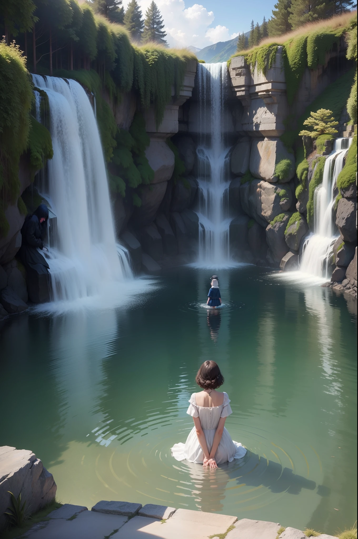 Une femme au milieu d'un lac, dos nu, regardant une cascade. Au dessus de la cascade, un homme, sa femme et ses enfants. La femme sous ses pieds est une endormie et pleine de sang.