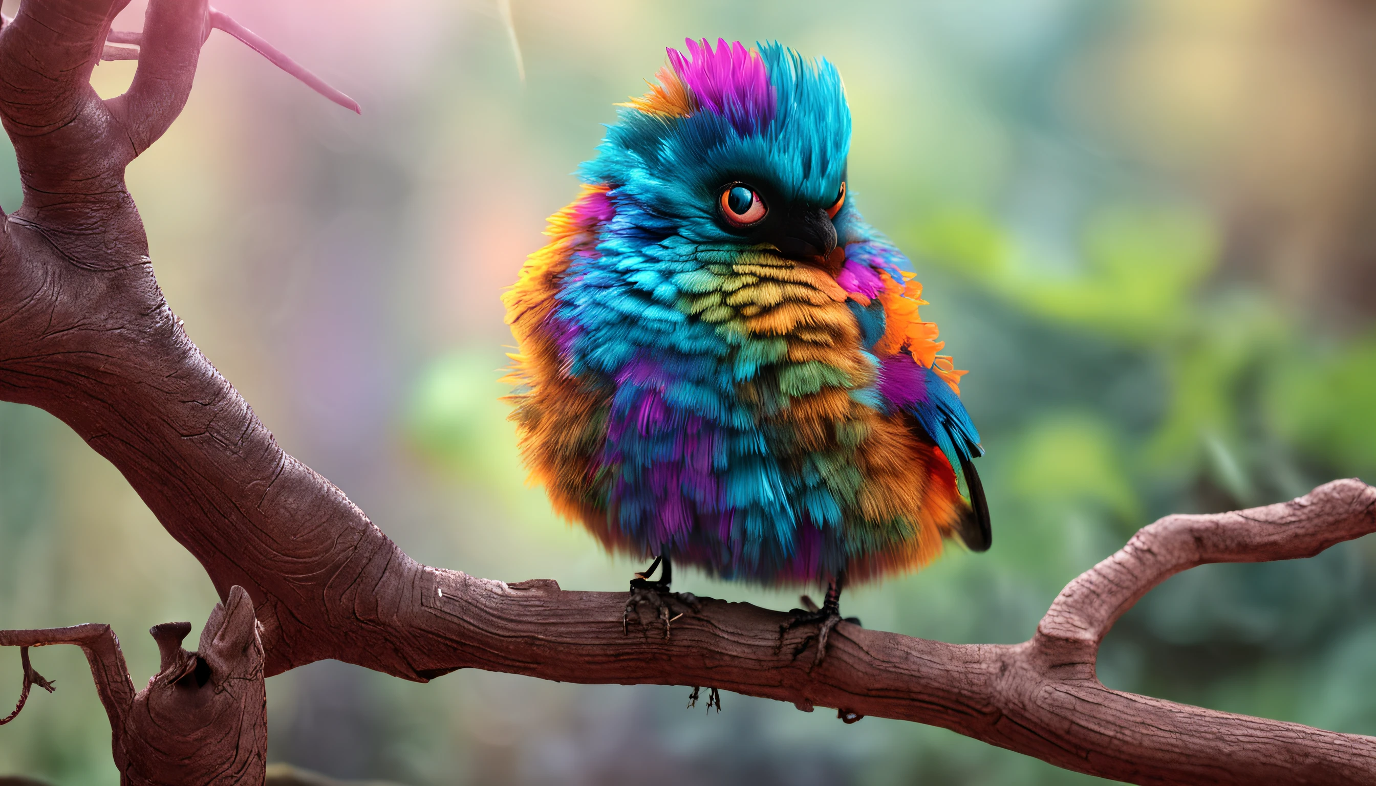 Em uma linda pequena vila,There is a magical forest,arvoredo,campos gramados,pequeno lago,o gatinho curioso, gatinho fofo, A phoenix-like bird, uma ave linda, an exotic bird with brilliance, plumas multicoloridas, o encontro dos amigos (Gato curioso) e (magic bird), desenho