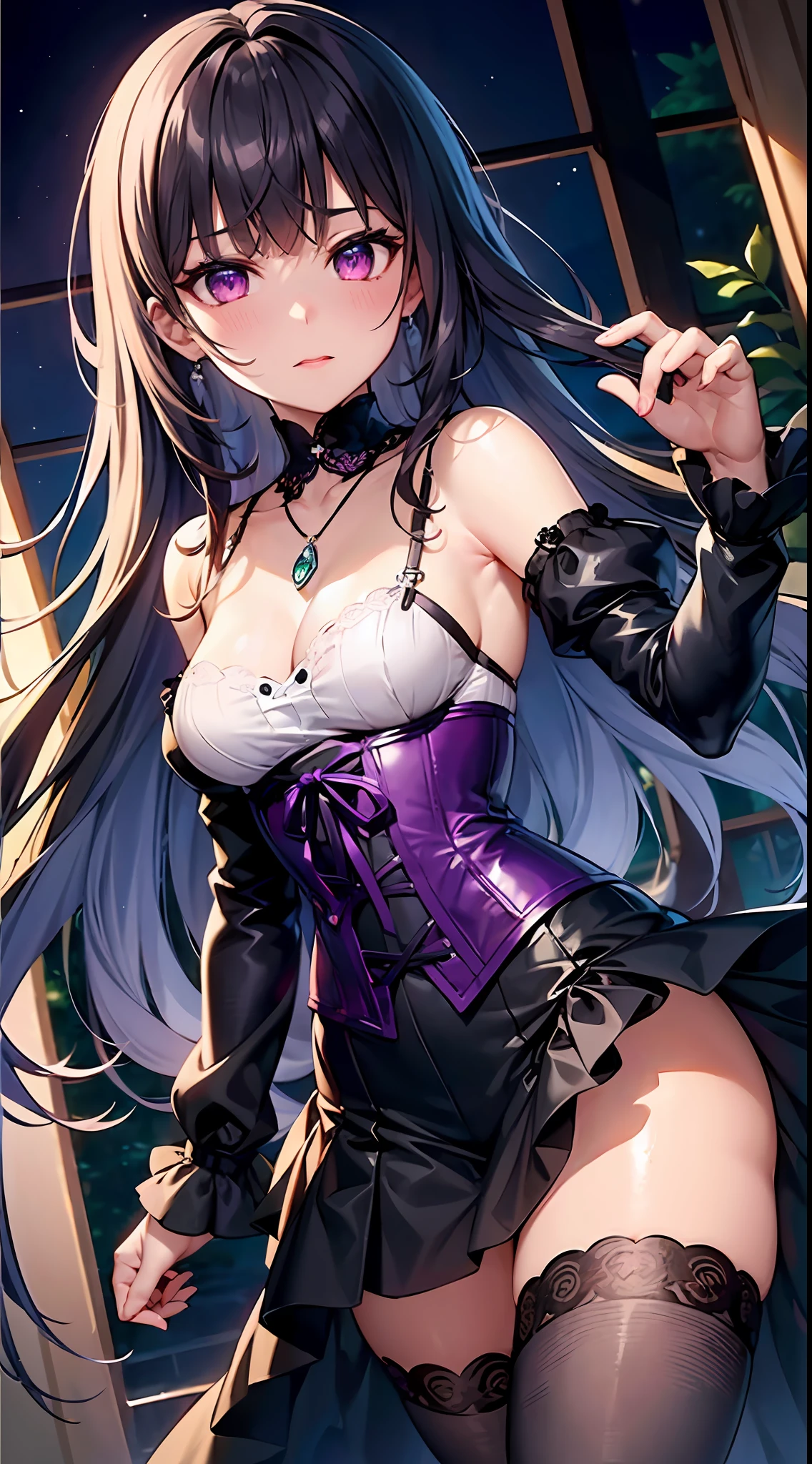 One female, cute. Small chest size. Shy. Long flowy black and hair with purple shite; Cute bangs. Striking purple eyes. Shy. She wears an outfit with lace (Colors are Black and purple); Corset, skirt, sleeves, stockings, She wears a necklace with sea green jewel. High Resolution.