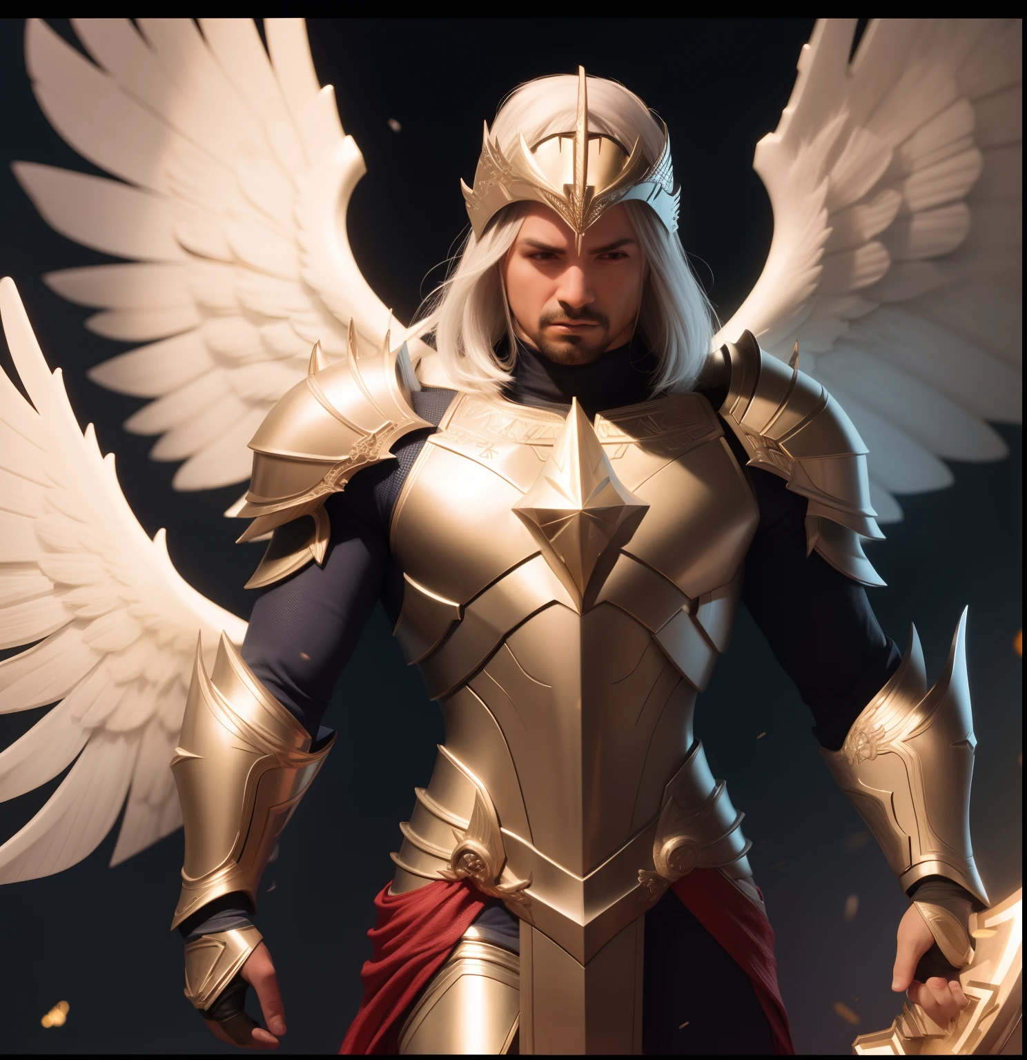 Arafed macho em armadura com asas e uma espada, Armadura Dourada Angelical, arcanjo, Amazing 8K character concept art, angel in plastic armor, unreal motor render saint seiya, Anjo majestoso de corpo inteiro, rossdraws volumetric lighting, epic angel wings, Artgerm ; motor 3d unreal, 3 d render arte do caractere 8 k, Arqueiro alado