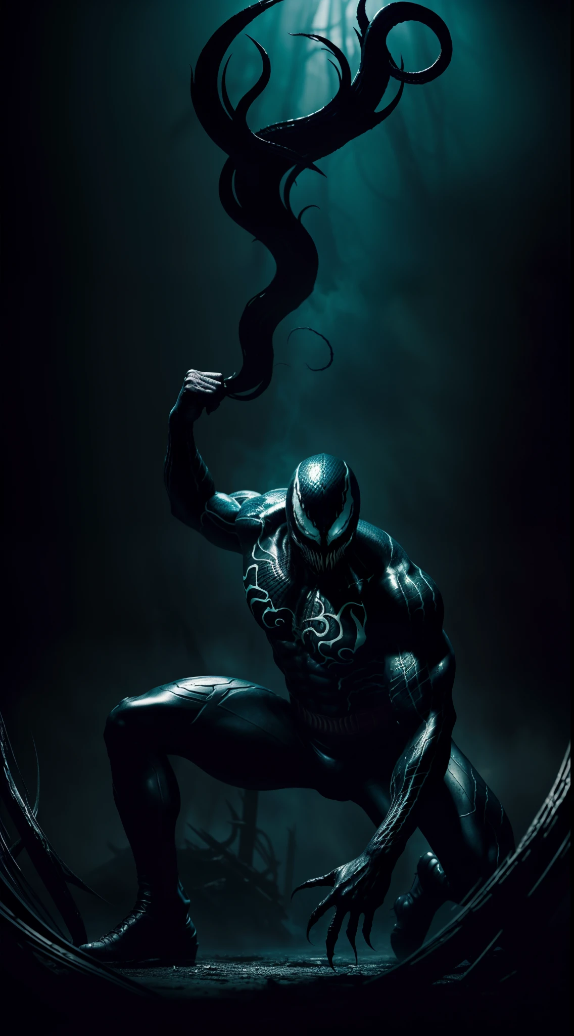 "Venom-inspired artwork with a unique and detailed style. Showcasing the dark and mysterious essence of the character, vividly portraying the symbiotic nature. Intense lighting and shadows highlighting the intricate design, evoking a sense of awe and fear. Captivating composition with dynamic angles and poses, capturing the essence of Venom's raw power and agility. Creepy and atmospheric atmosphere with elements of smoke, darkness, and eerie silhouettes. Precision and attention to detail in showcasing the monstrous form and sharp teeth. Impressive usage of textures and colors to create a visually stunning and immersive experience."