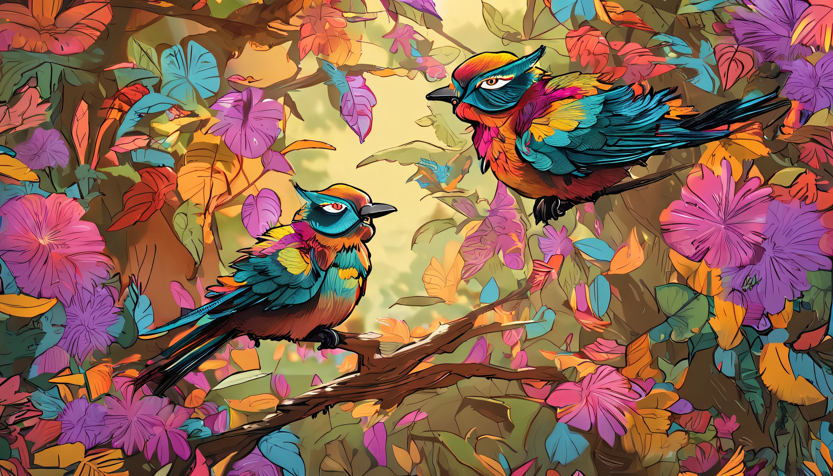 Em uma linda pequena vila,There is a magical forest,arvoredo,campos gramados,pequeno lago,o gatinho curioso, gatinho fofo, A phoenix-like bird, uma ave linda, an exotic bird with brilliance, plumas multicoloridas, o encontro dos amigos (Gato curioso) e (magic bird), desenho