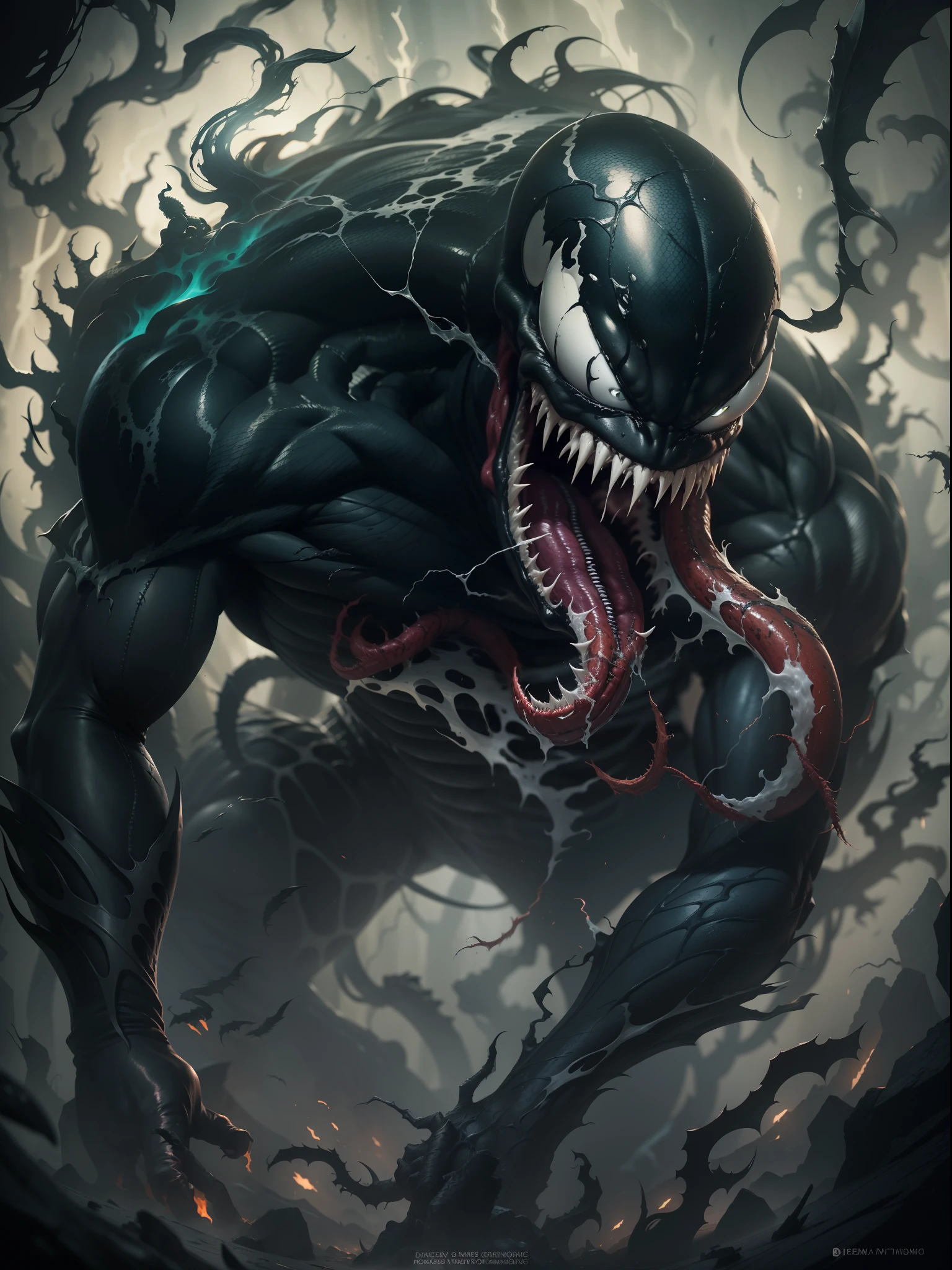 "Venom-inspired artwork with a unique and detailed style. Showcasing the dark and mysterious essence of the character, vividly portraying the symbiotic nature. Intense lighting and shadows highlighting the intricate design, evoking a sense of awe and fear. Captivating composition with dynamic angles and poses, capturing the essence of Venom's raw power and agility. Creepy and atmospheric atmosphere with elements of smoke, darkness, and eerie silhouettes. Precision and attention to detail in showcasing the monstrous form and sharp teeth. Impressive usage of textures and colors to create a visually stunning and immersive experience."