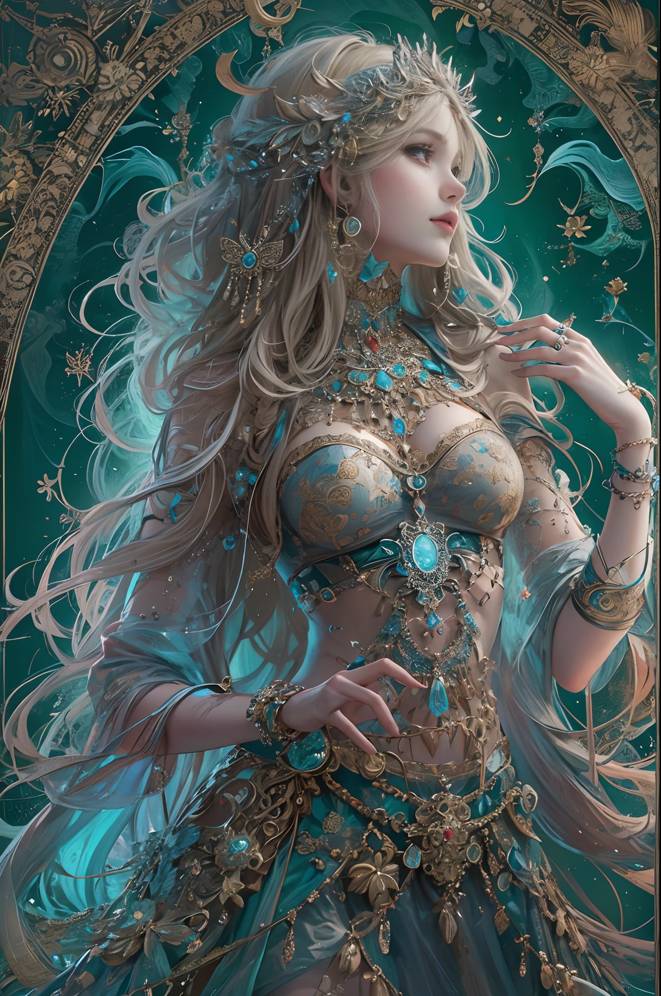(masterpiece, top quality, best quality, official art, beautiful and aesthetic:1.2), (1 fantasy girl), extremely detailed, ornate jewellery, long shapeless hair, (fractal art:1.3),colorful,highest detail.