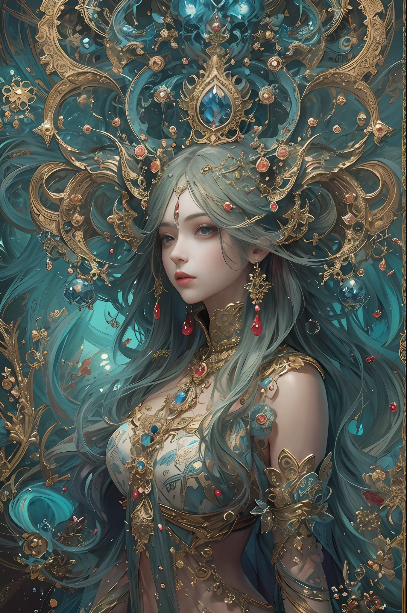 (masterpiece, top quality, best quality, official art, beautiful and aesthetic:1.2), (1 fantasy girl), extremely detailed, ornate jewellery, long shapeless hair, (fractal art:1.3),colorful,highest detail.