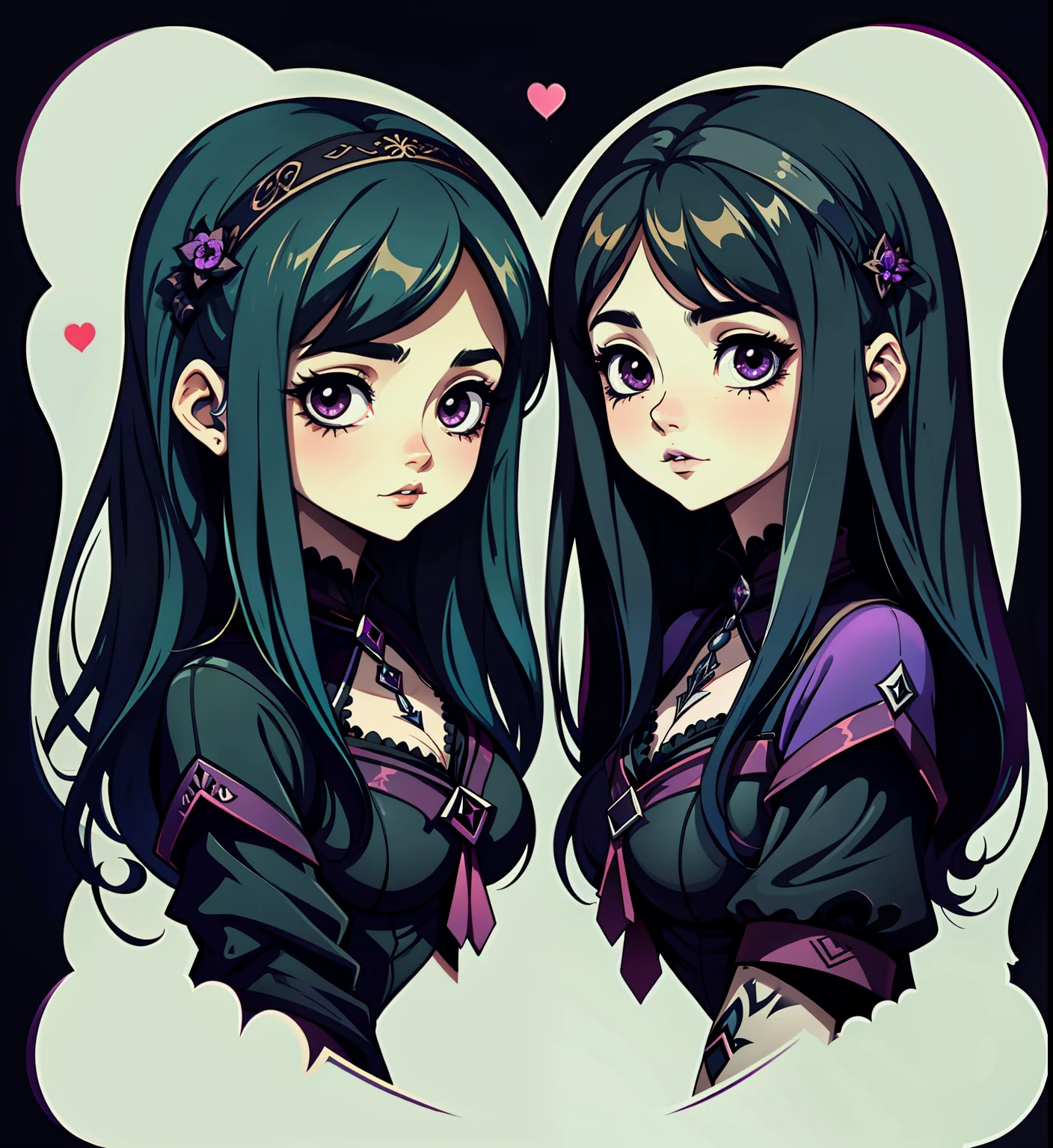 adesivo, fundo simples, portrait, 2 girls, couple, girl with long hair, beautiful gothic girl, gothic aesthetic, beautiful girl, very beautiful fantasy art, beautiful and elegant female gothic, beautiful detailed fantasy, black and purple color palate, black color-theme