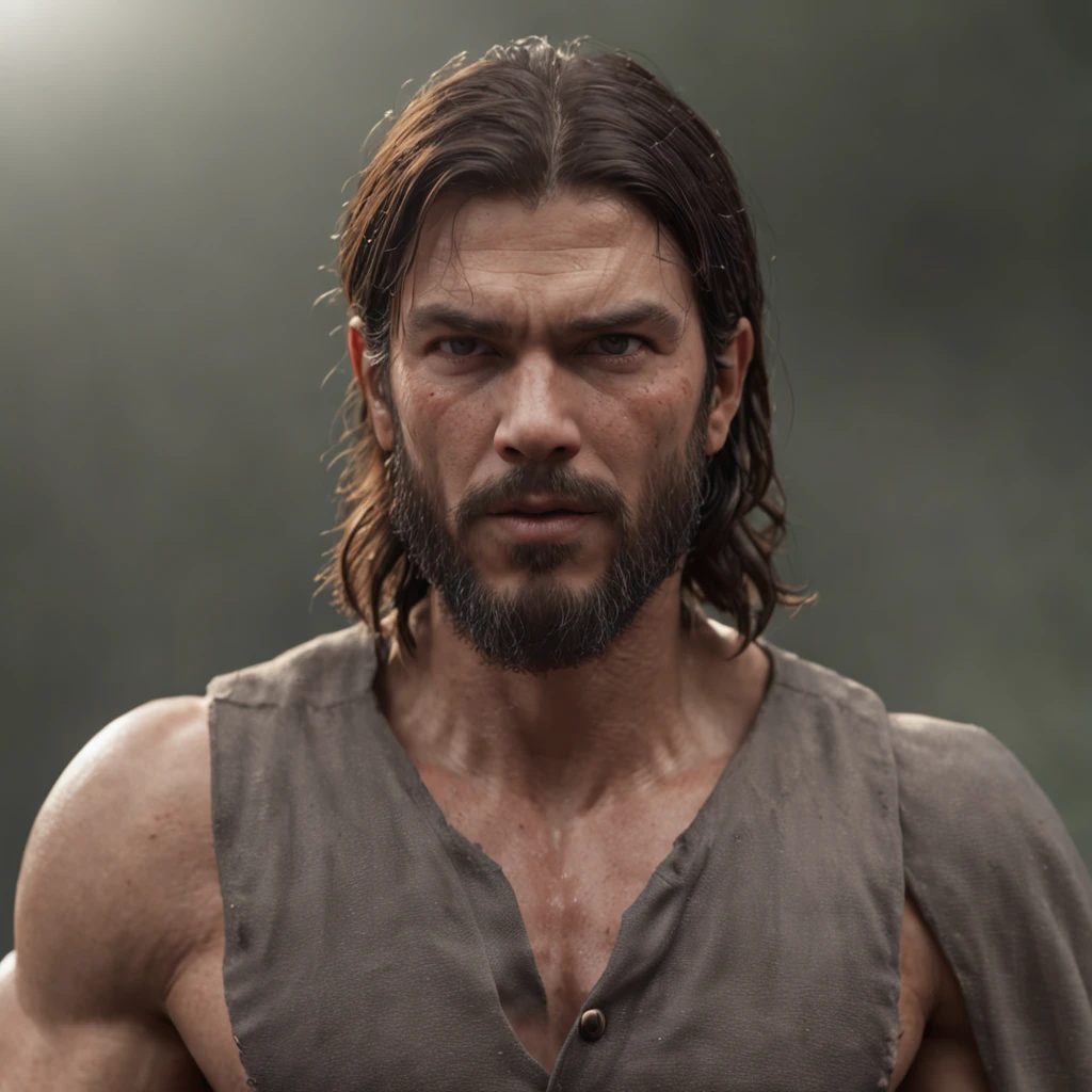 (Professional 3D rendering:1.3) de (Realistic:1.3) Foto de arte mais bonita do mundo,Features soft, bright male heroes, ((Epic hero fantasy rough muscular man wet hero angry look long hair short beard and fierce expression in dynamic pose, fantastic location, majestoso ambiente desordenado)), corpo inteiro 8k unidade render, action shot, poros da pele, very dark lighting, sombreamento pesado, circunstanciado, Rosto detalhado, (vibrante, fotogrdeia realista, Realistic, Dramatic, Escuro, foco nítido, 8k), (Old leather clothes damaged by bad weather:1.4), ((((Use peles)))), (intrincado:1.4), decadente, (altamente detalhado:1.4), pintura digital, rendering by octane, art stations, Conceito-Arte, liso, foco nítido, illustration, germe da arte, (Loish:0.23), Wlop Ilya Kuvshinov, e Greg Rutkowski e Alphonse Mucha Gracias, (global ilumination, studiolight, Light Volumetric), chuva forte, floating particles, patife, fantasia, Onze, corpo inteiroesbian, ((Fundo escuro e antigo da cidade:1.3)),CGSesociedade,art stations