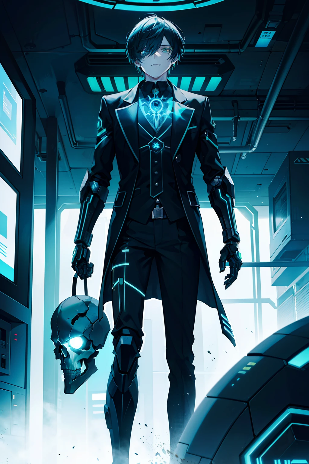 Man with black skeleton skull face, Blue hair, glowing green eyes, black sci-fi mechanical arms, black suit jacket with armor plating, standing on a space station