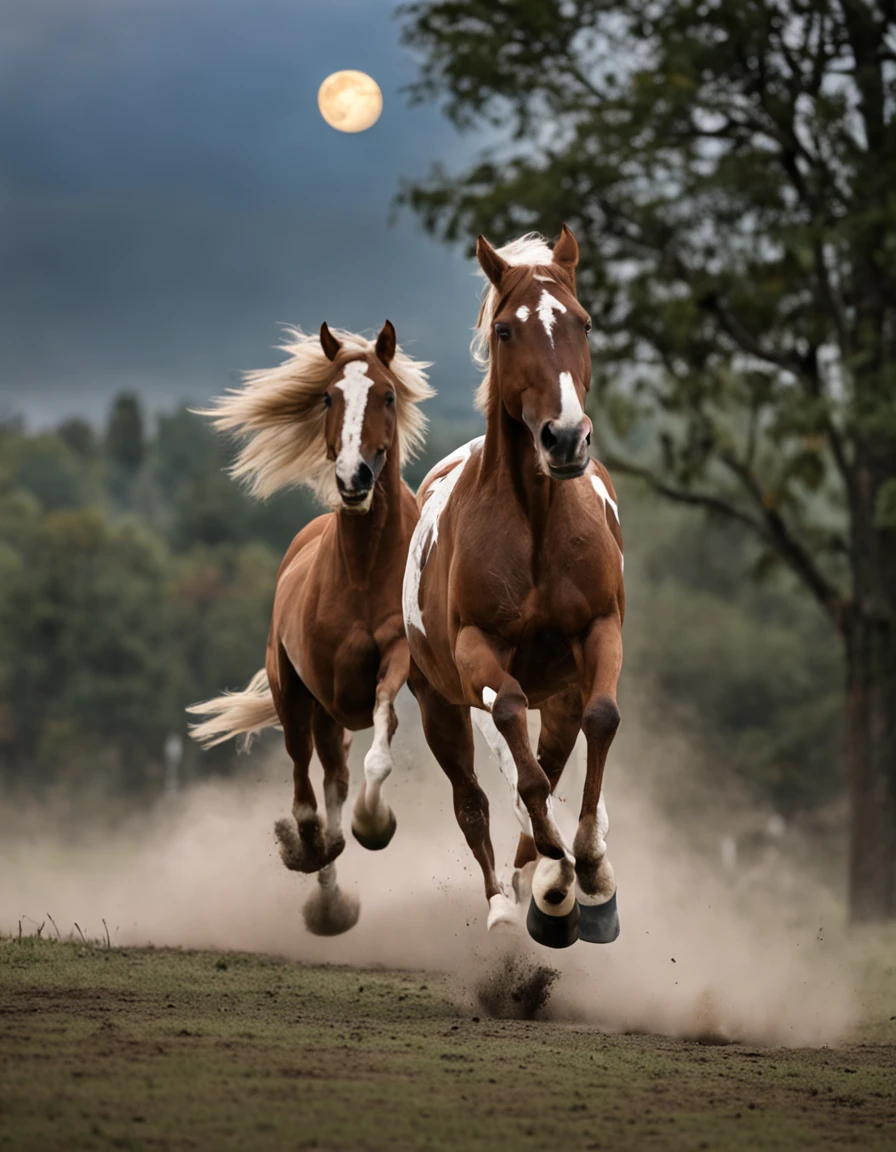 horses running in a field with a full moon in the background, horses in run, horses, galloping, majestic horses, horses racing, horse is running, an all white horse, cavalry charge, galloping through the forest, equine, horse head animal merge, at full stride, horse in background, white horse, horse racing, photo shot, horse race