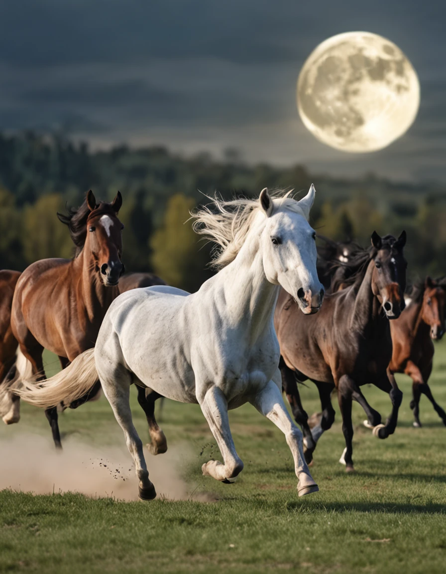 horses running in a field with a full moon in the background, horses in run, horses, galloping, majestic horses, horses racing, horse is running, an all white horse, cavalry charge, galloping through the forest, equine, horse head animal merge, at full stride, horse in background, white horse, horse racing, photo shot, horse race