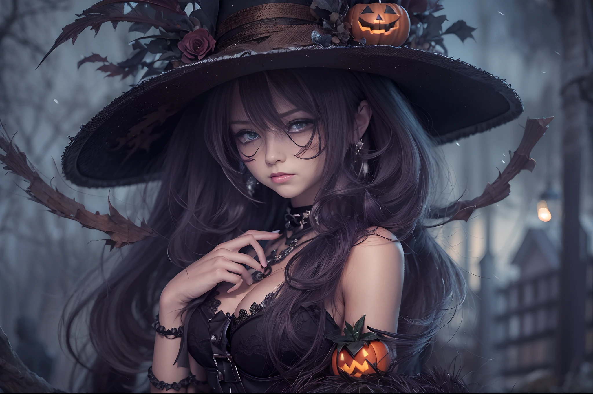 (obra maestra) (La mejor calidad) (Cara perfecta) en un bonito estilo anime. Una joven divertida y aterradoramente linda disfrazada de bruja en Halloween. Lleva un sombrero largo y una escoba vieja, a black harness and a frilly skirt. Ella se para en una calle por la noche con una burla, evil expression. La calle es oscura pero hay luces ornamentales que dan un aspecto siniestro y aterrador al lugar.. A little purple. Motor irreal. Luis Royo Style. Arte 3D ((pechos grandes)) (cuerpo fitness)