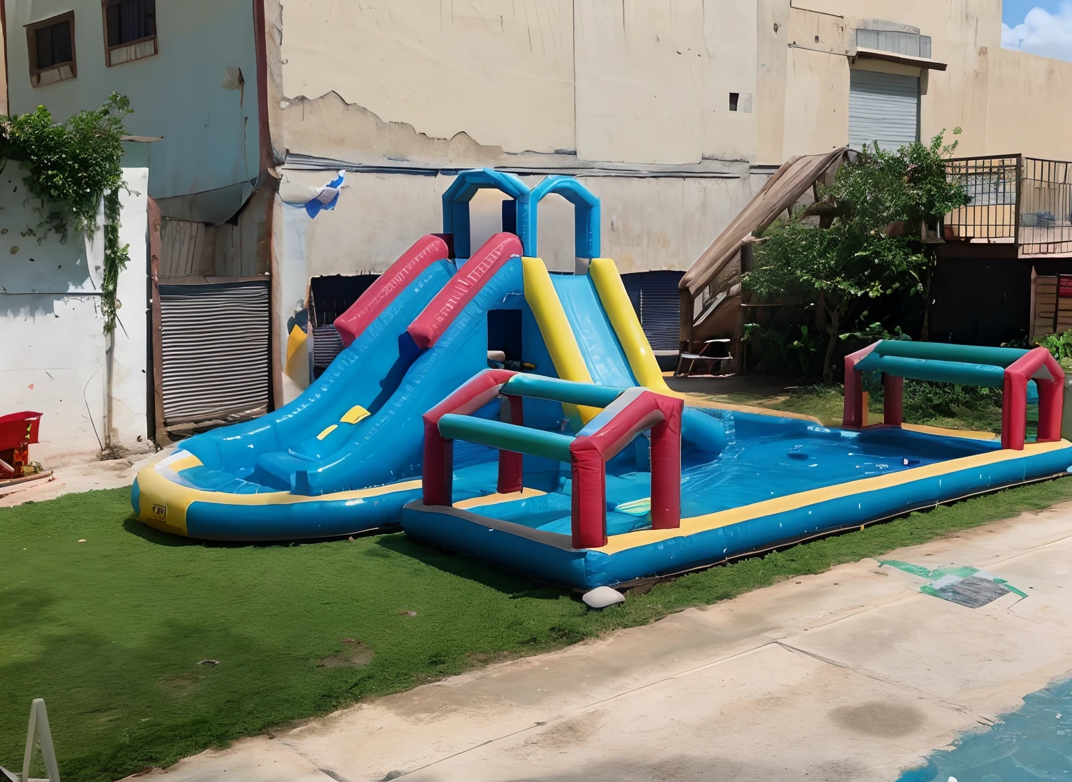 There is a blue and yellow slide in the middle of a pool, casa splash, inflatable, waterpark, parque de Slides azul, Centro de Actividades, deslizamento n slide, Perfect Piece of Work, divertindo-se, parque infantil, recreation, escola antiga, Slides, cool looking, por Romain brook, Npc, 165 cm de altura, Bouncer inflatable castle, Piscinas. No house background and only blue sky. Also put 5-year-olds playfully slipping and throwing the ball