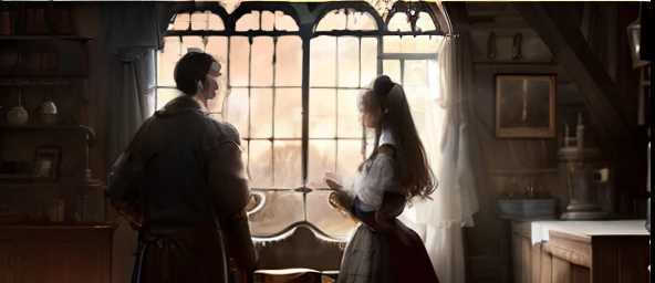 An every day scene of a man and woman in love, mundane fantasy life, chores in the castle, interior view, furniture, sandstone old natural tree bark, still life oil painting, medieval style, (gloomy:1.4), gloomy background, god rays, (high detailed skin:1.2), 8k uhd, high quality, by Greg Rutkowski,