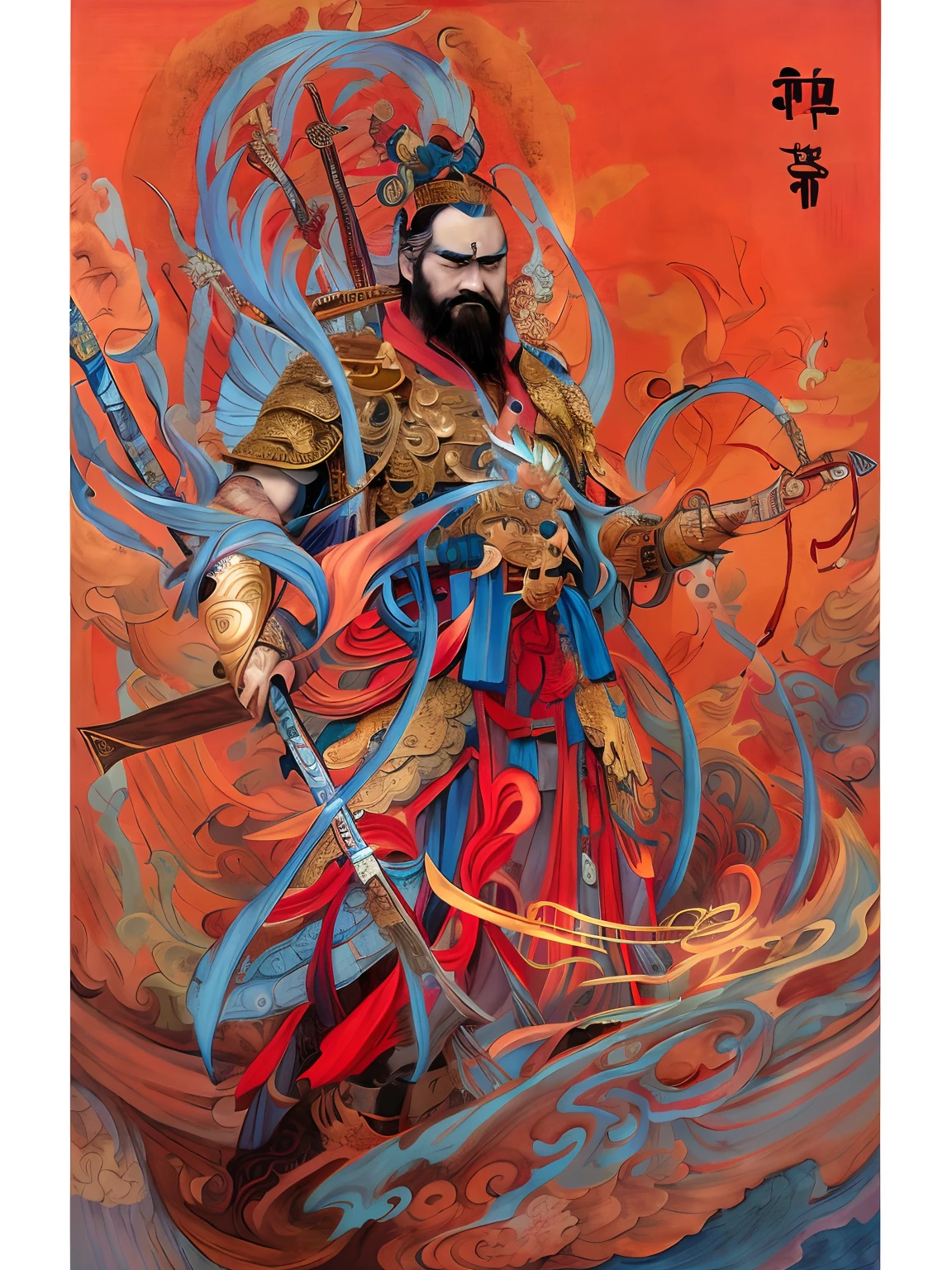 A painting of a man with a sword and a trident in his hand, God, Chinese Warrior, legendary god holding spear, Inspired by Huang Shen, bian lian, Chinese mythology, Akira in Chinese mythology, Inspired by Hu Zaobin, The door god in Chinese mythology, the god emperor of mankind, inspired by Wu Bin, son goku, chinese three kingdoms