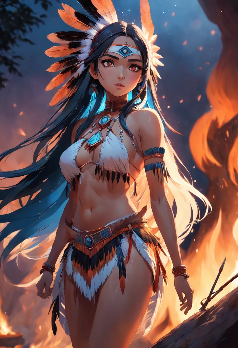 ultra detailed artistic photography, Native American beautiful Apache female, tee pee, moonlight, fire pit, feathers, sexy, dreamy, glowing, backlit, shadows, oil on canvas, smooth, ultra high definition, 8k, ultra sharp focus, intricate artwork masterpiece, flowy outfit, highly detailed, vibrant, production cinematic character render, ultra high quality model