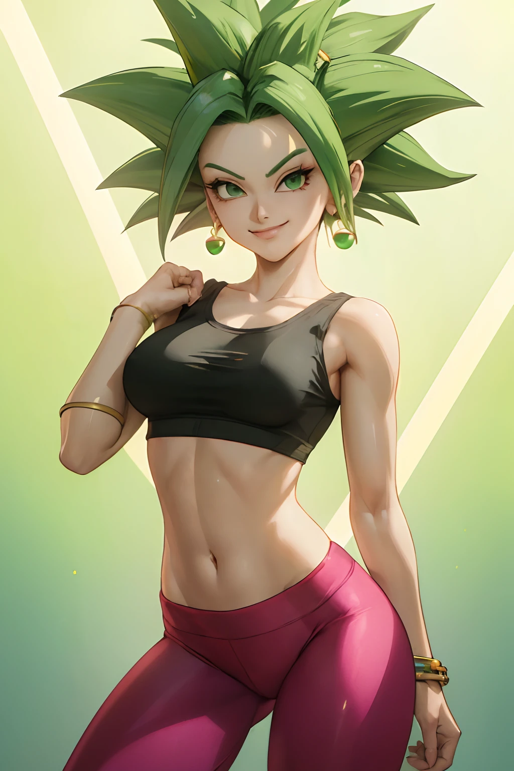 (best quality, masterpiece), green hair, green earrings, yoga pants, yoga bra, skin tight, toned, smug, smirk, kefla, thin waist, backlight,