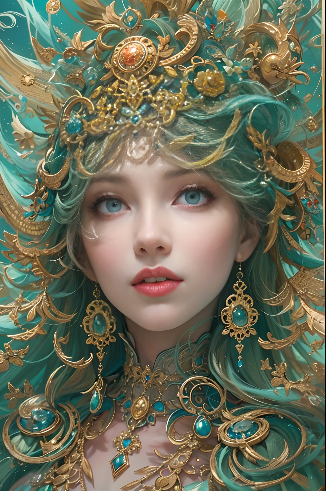 (masterpiece, top quality, best quality, official art, beautiful and aesthetic:1.2), (1 fantasy girl), extremely detailed, ornate jewellery, long shapeless hair, (fractal art:1.3),colorful,highest detail.