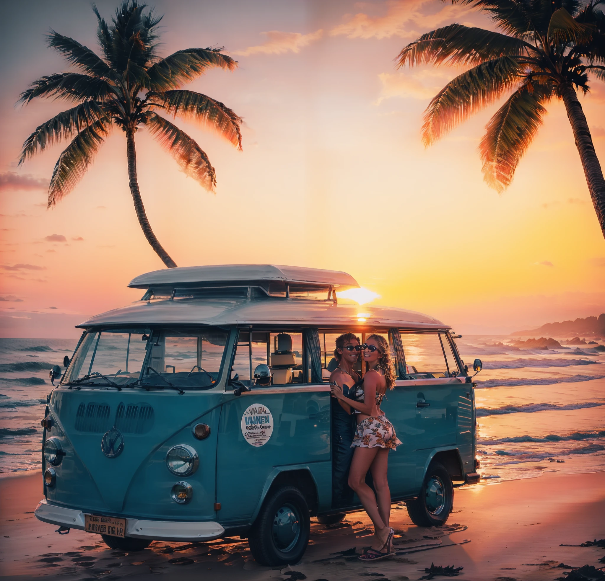 Surfers pose in VW van on the beach at sunset, Carrinha, microbus, bottom angle, on the beach during sunset, in the sunset, Viagem, in the sunset, at the beach on a sunset, summer season, on the beach at sunset, with sunset, Directed by: Matthias Weischer, fotografia de surf, brilho quente, vacation photo, on the beach at sunset